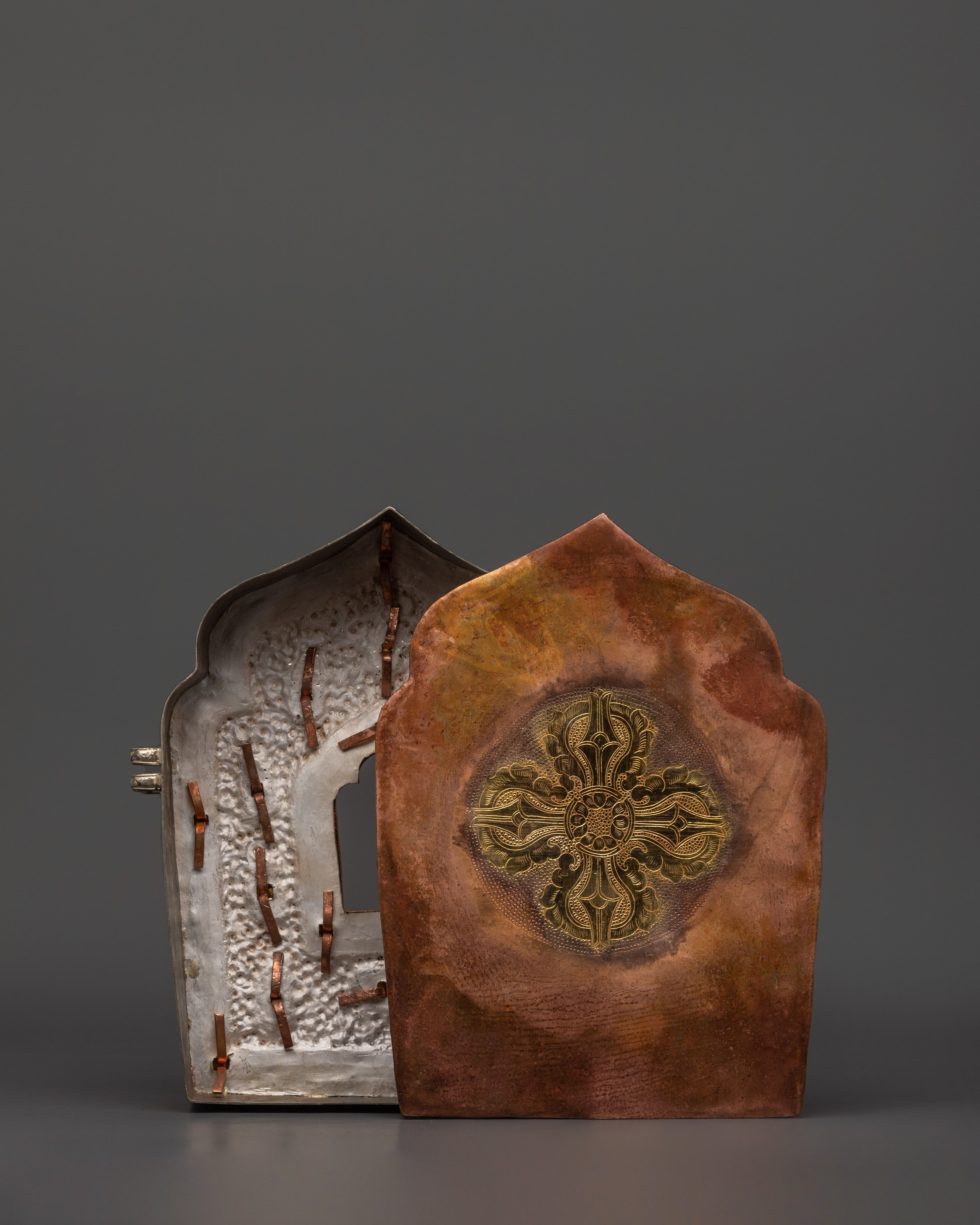Buddhist Portable Ghau Box | Gold & Silver-Plated Copper Shrine Box