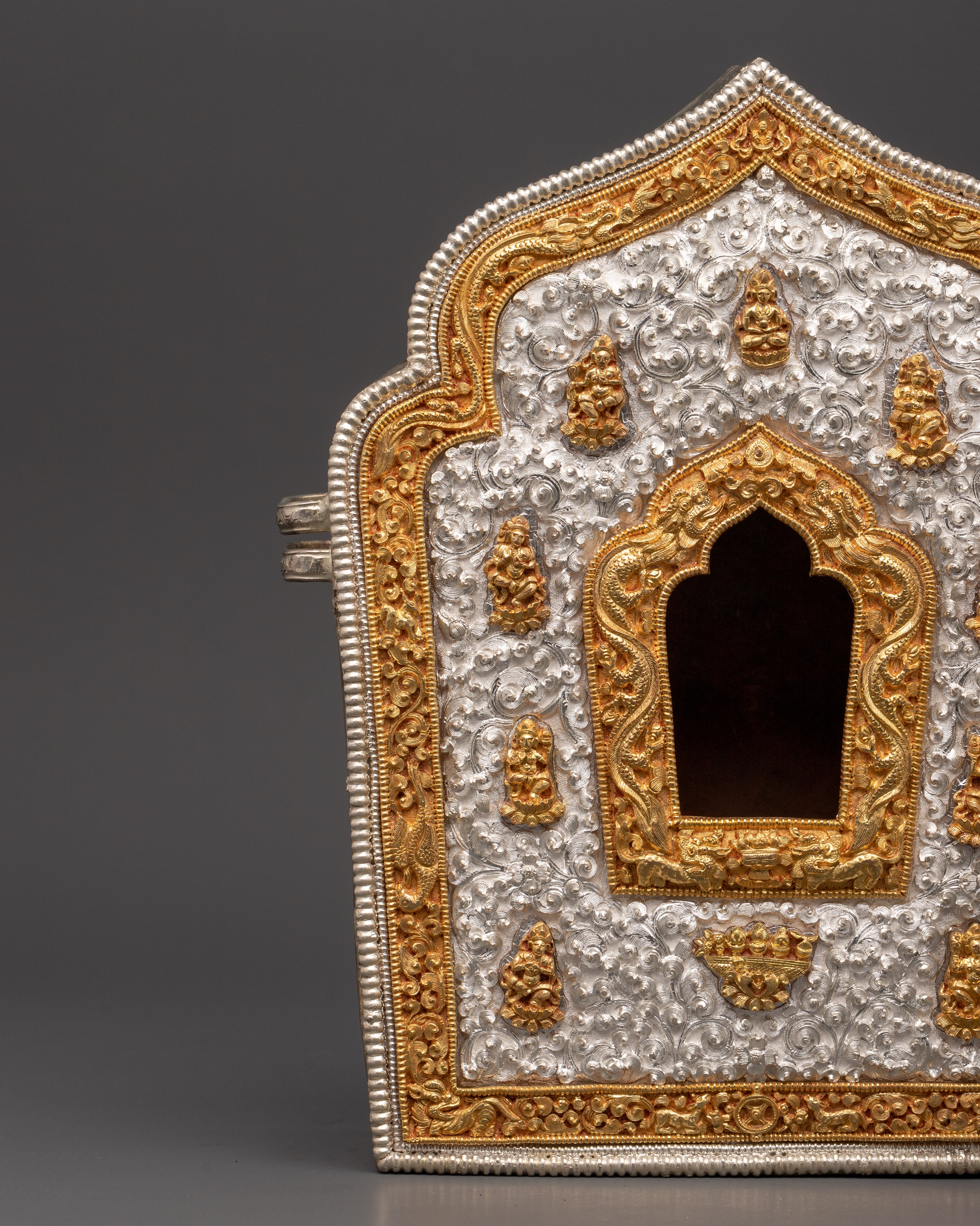 Buddhist Portable Ghau Box | Gold & Silver-Plated Copper Shrine Box