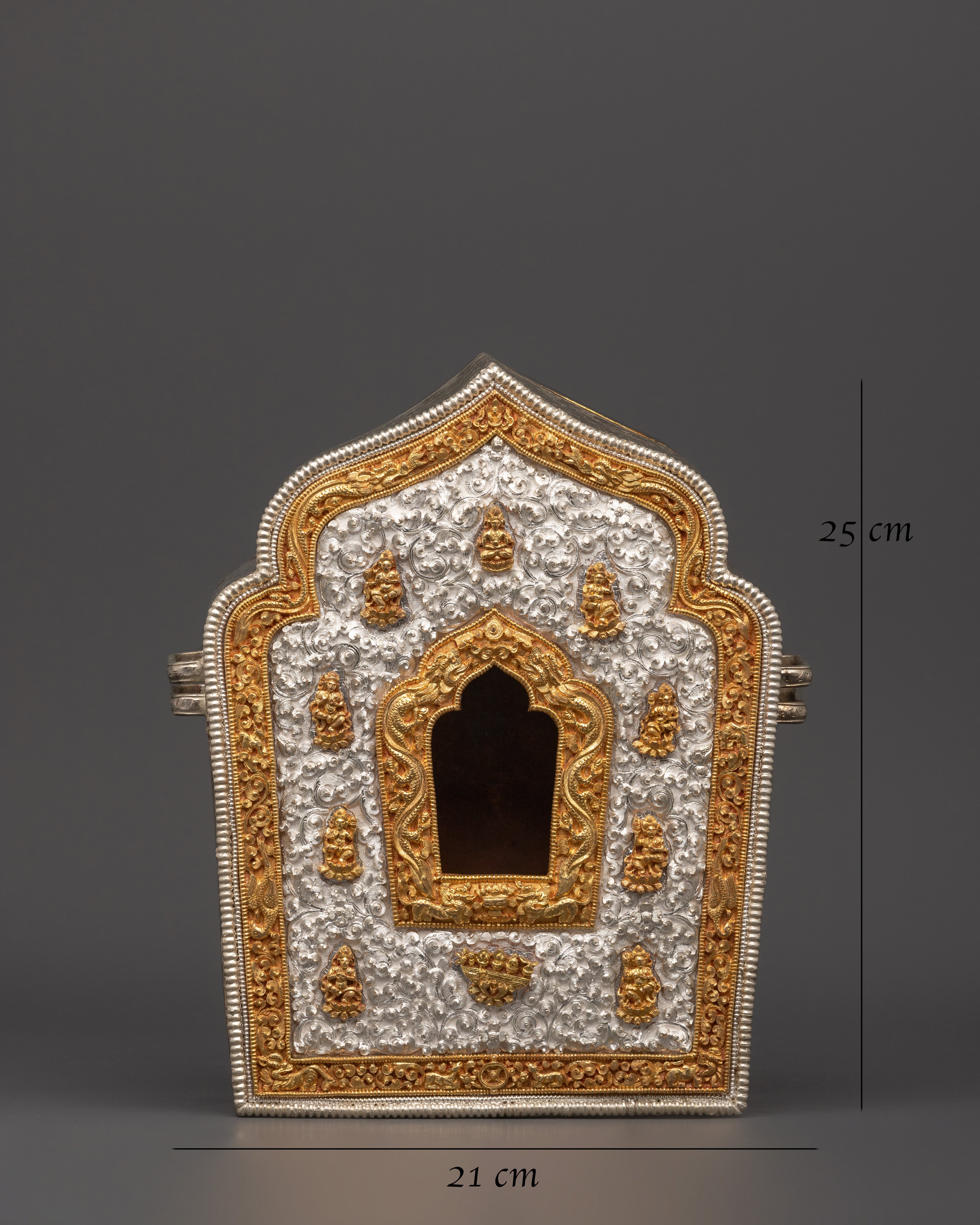 Buddhist Portable Ghau Box | Gold & Silver-Plated Copper Shrine Box