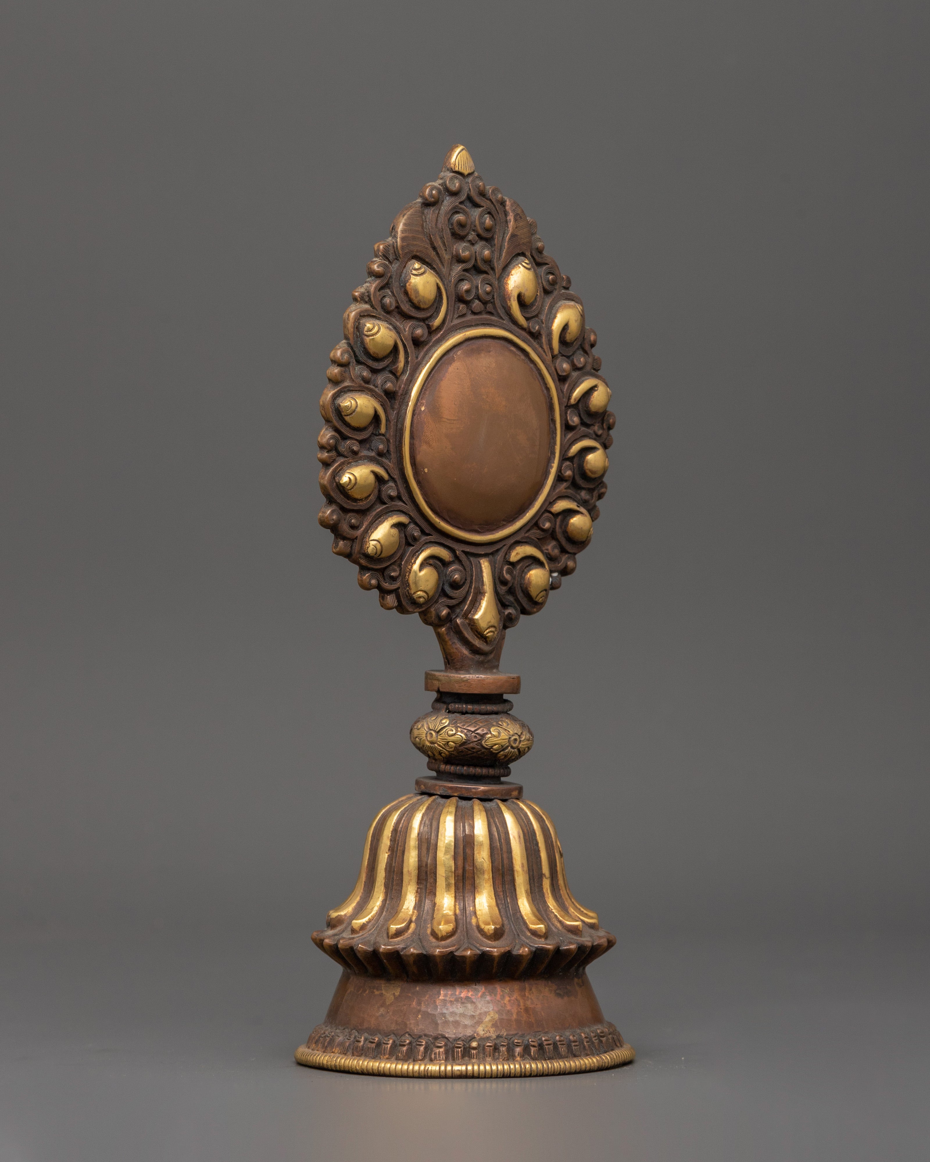 Handcrafted Newari Artifact | Traditional Copper Mirror with Gold Plating