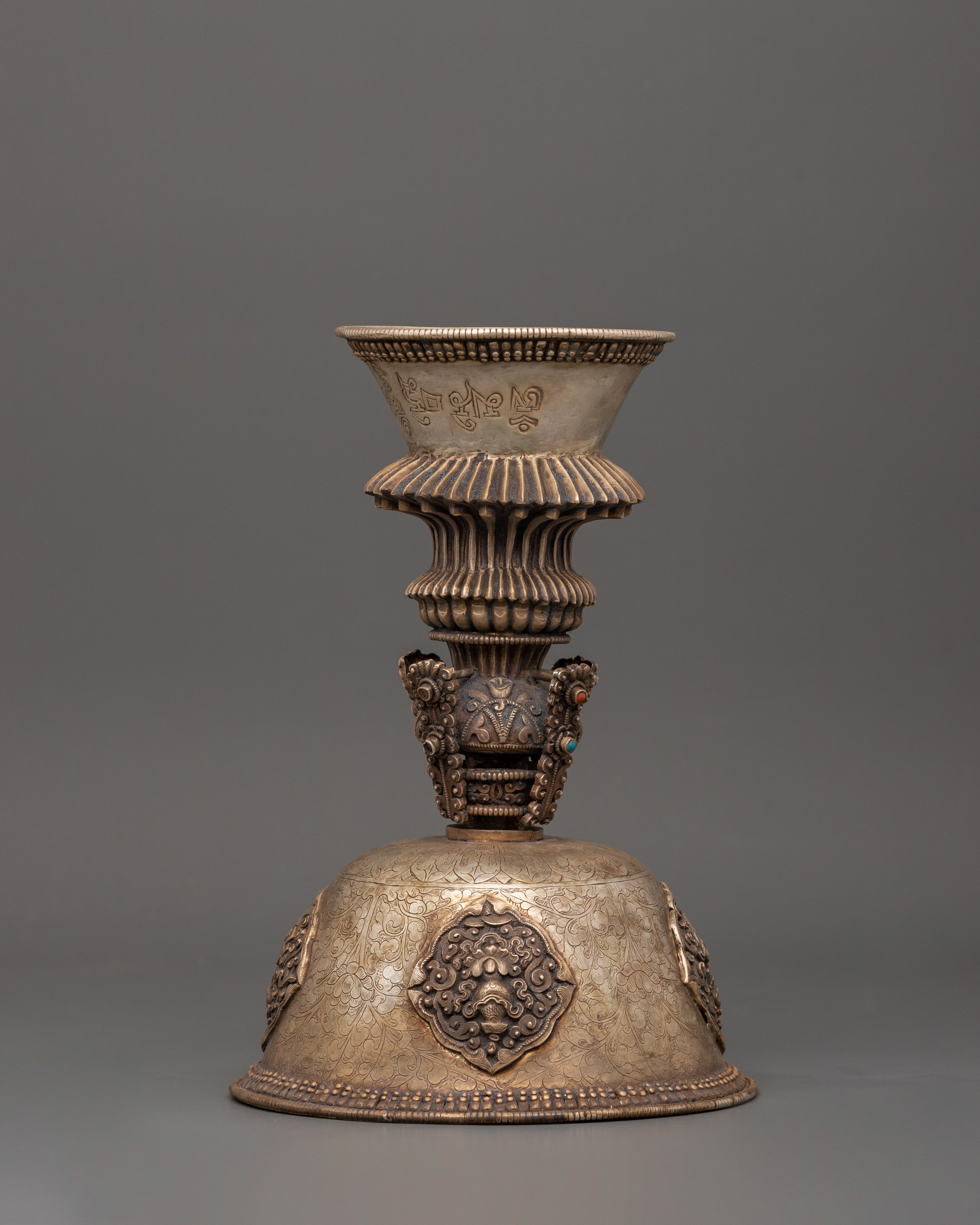 Tibetan Buddhist Butter Lamp | Sacred Tibetan Ritual Lamp in Pure Silver