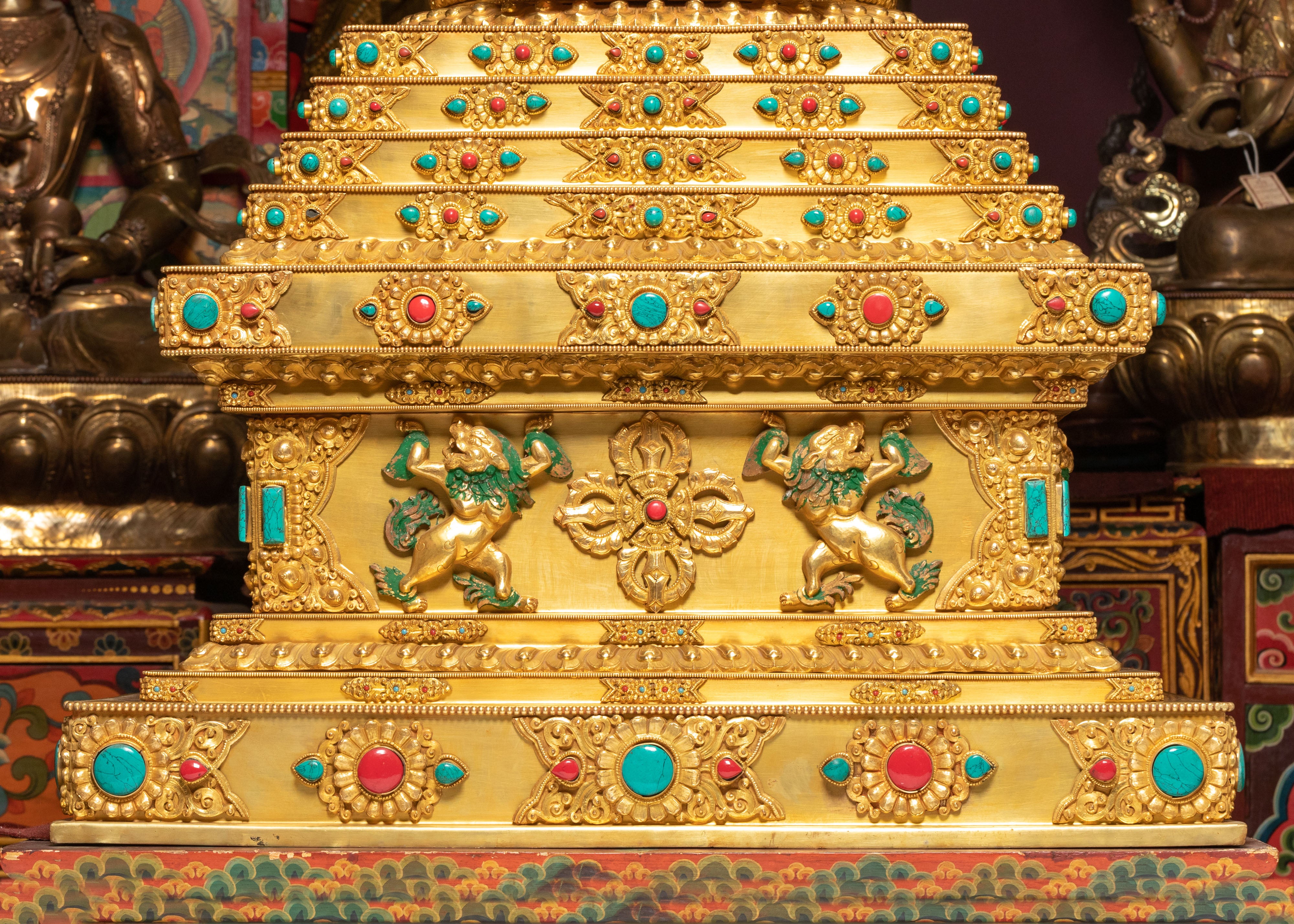 Sacred Buddhist Stupa for Altar | Gold-Plated Tibetan Stupa with Coral & Turquoise