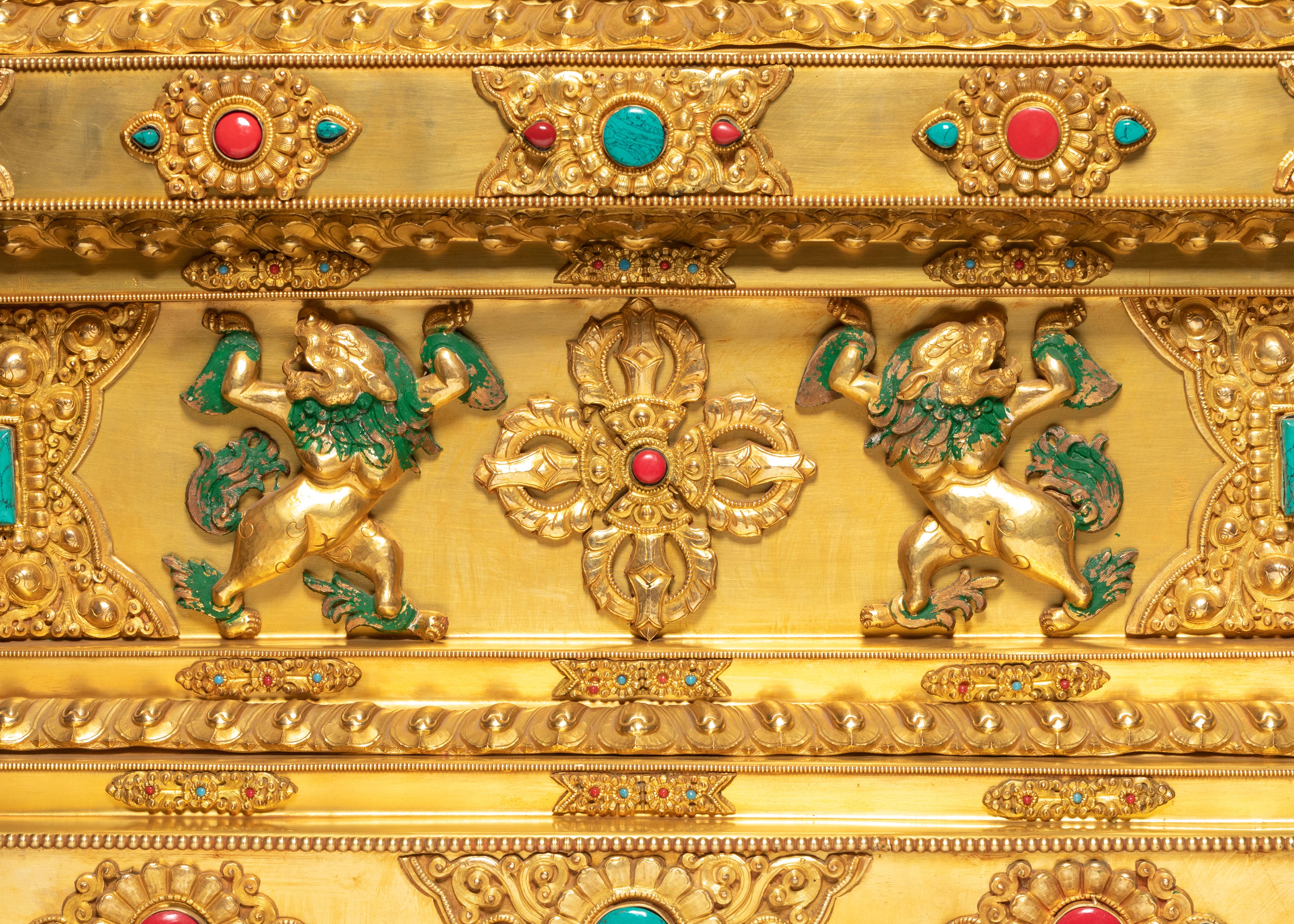 Sacred Buddhist Stupa for Altar | Gold-Plated Tibetan Stupa with Coral & Turquoise