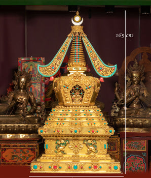 Sacred Buddhist Stupa for Altar | Gold-Plated Tibetan Stupa with Coral & Turquoise