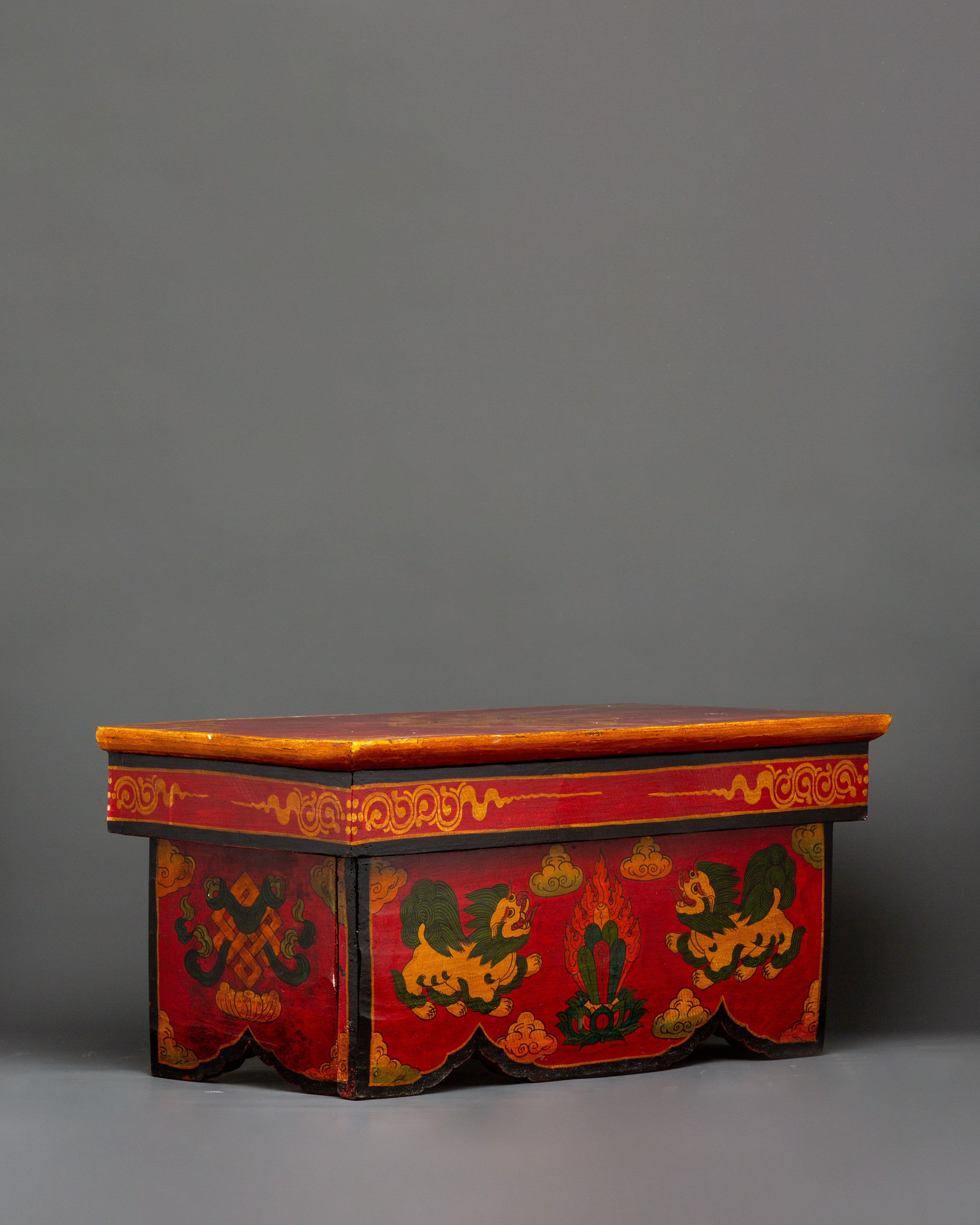 Folding Table with Foo Dog and Offering Artwork | Himalayan Craft