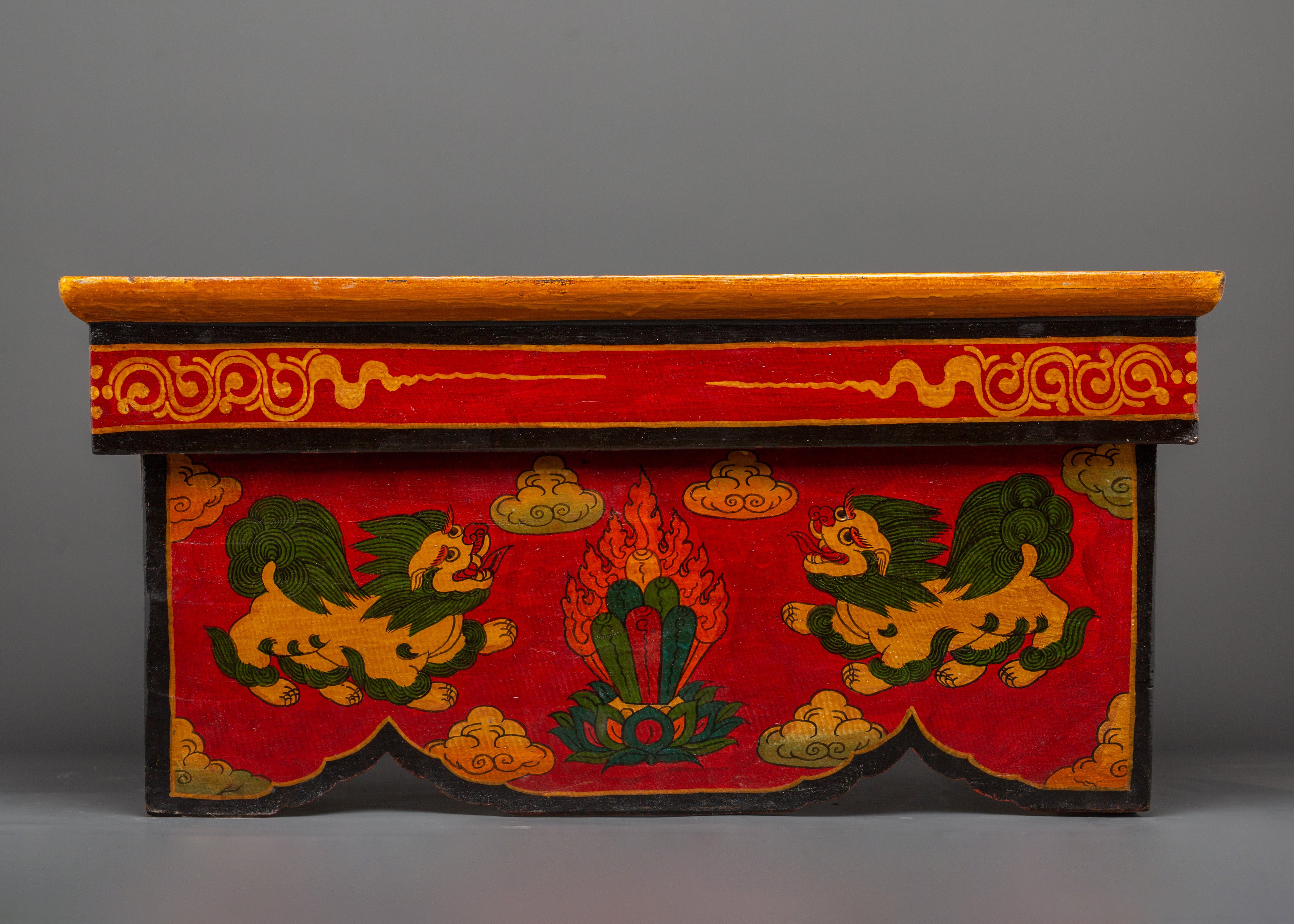 Folding Table with Foo Dog and Offering Artwork | Himalayan Craft