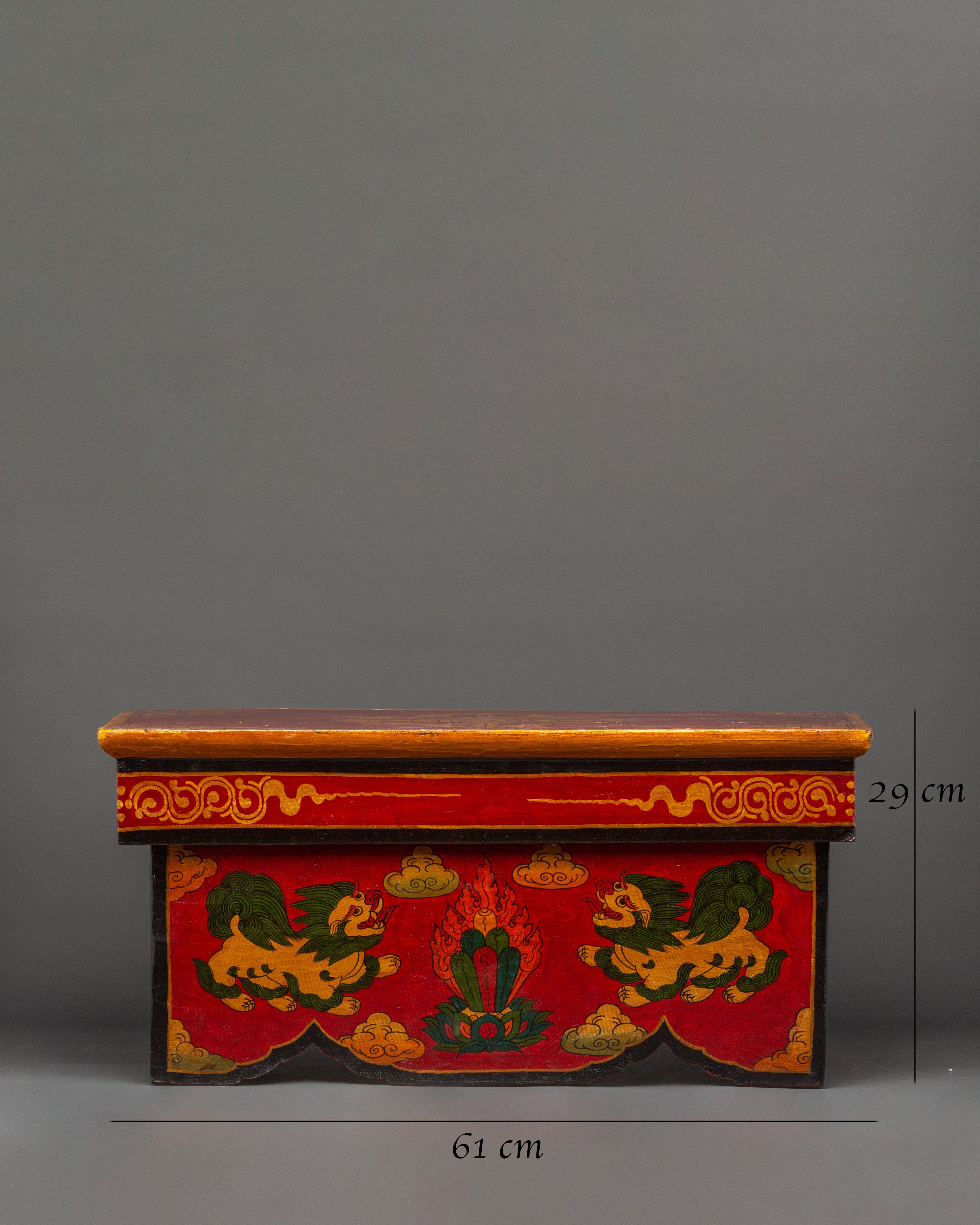 Folding Table with Foo Dog and Offering Artwork | Himalayan Craft