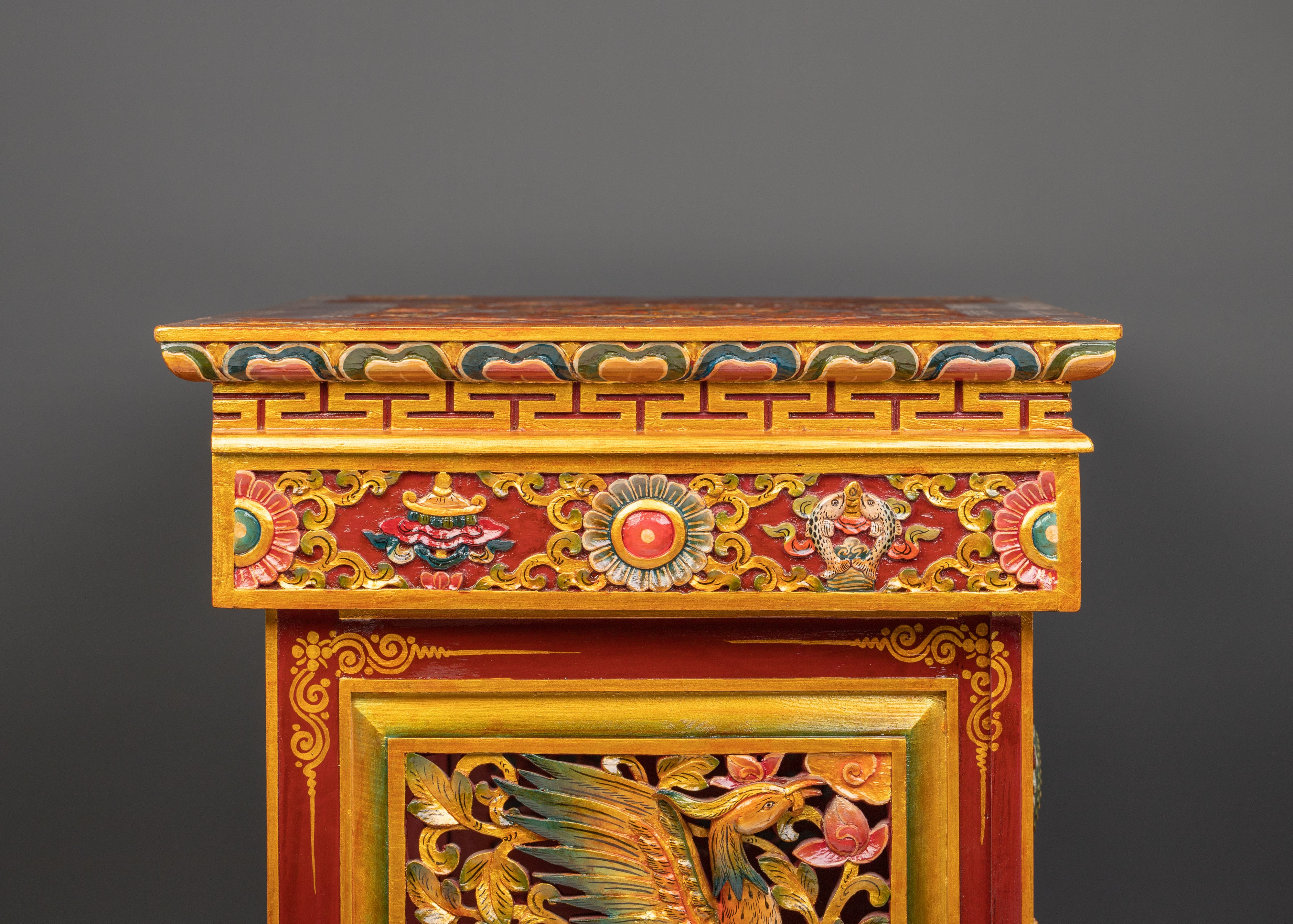 Folding Table with Dragon Carving and Offering | Tibetan Decor