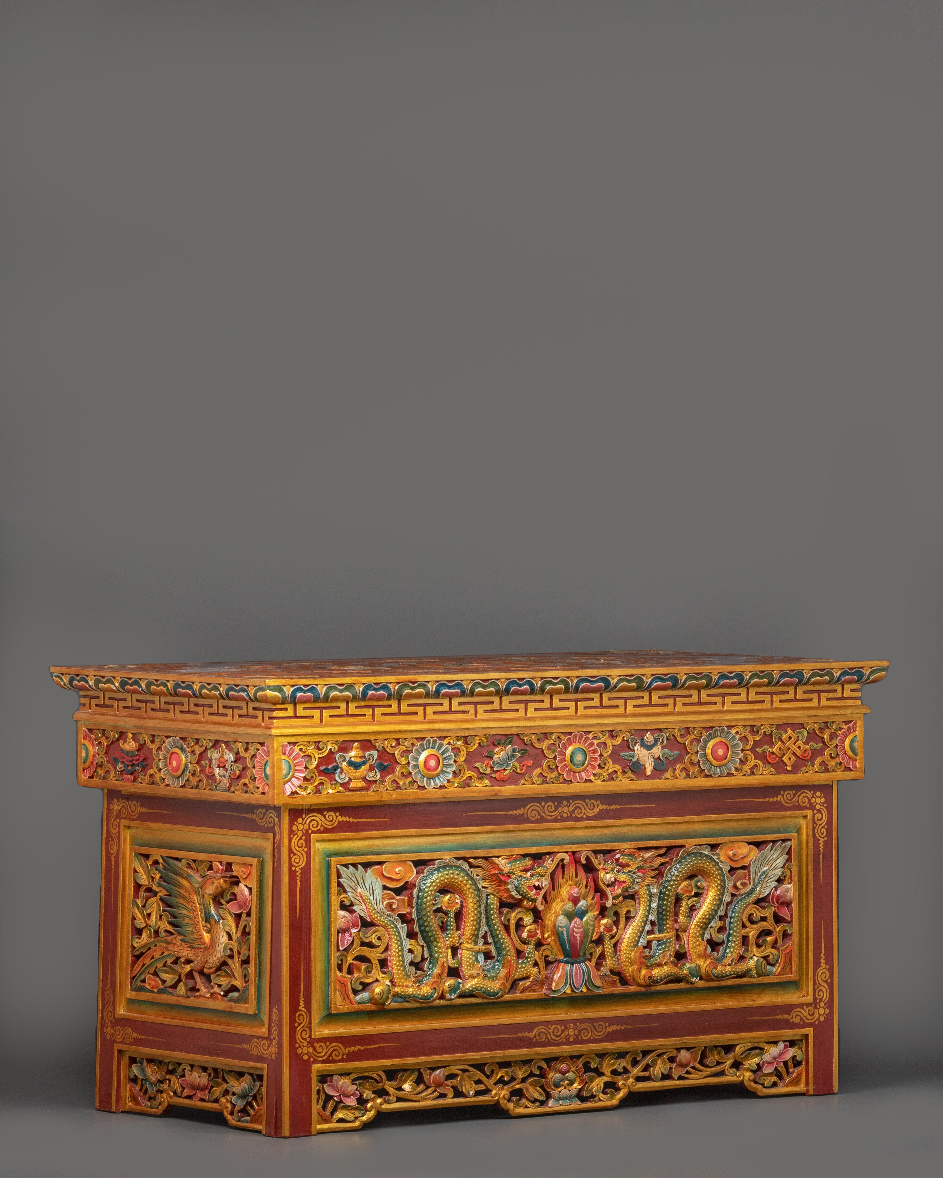 Folding Table with Dragon Carving and Offering | Tibetan Decor