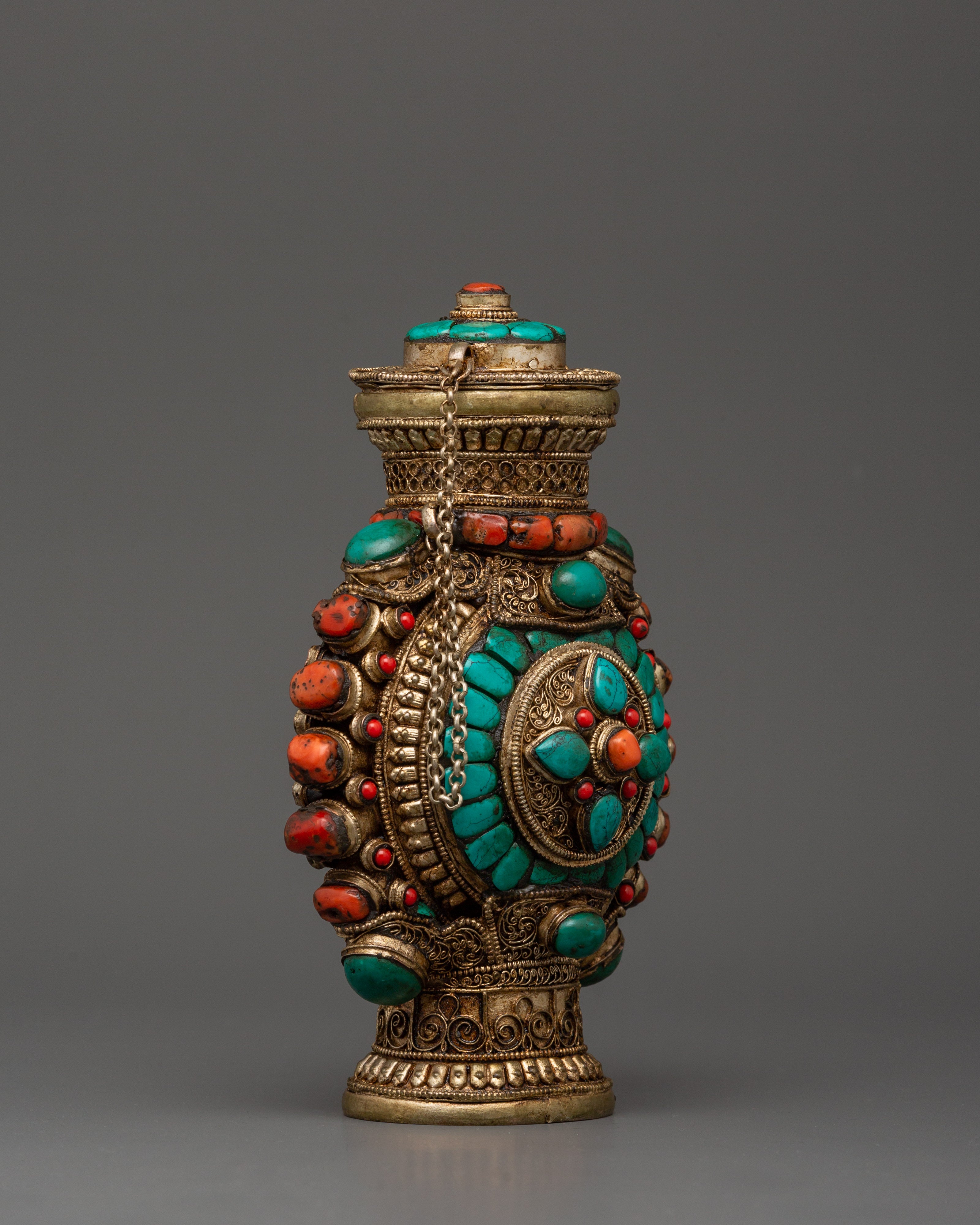 Coral Inlaid Snuff Bottle | Tibetan Ritual Bottle