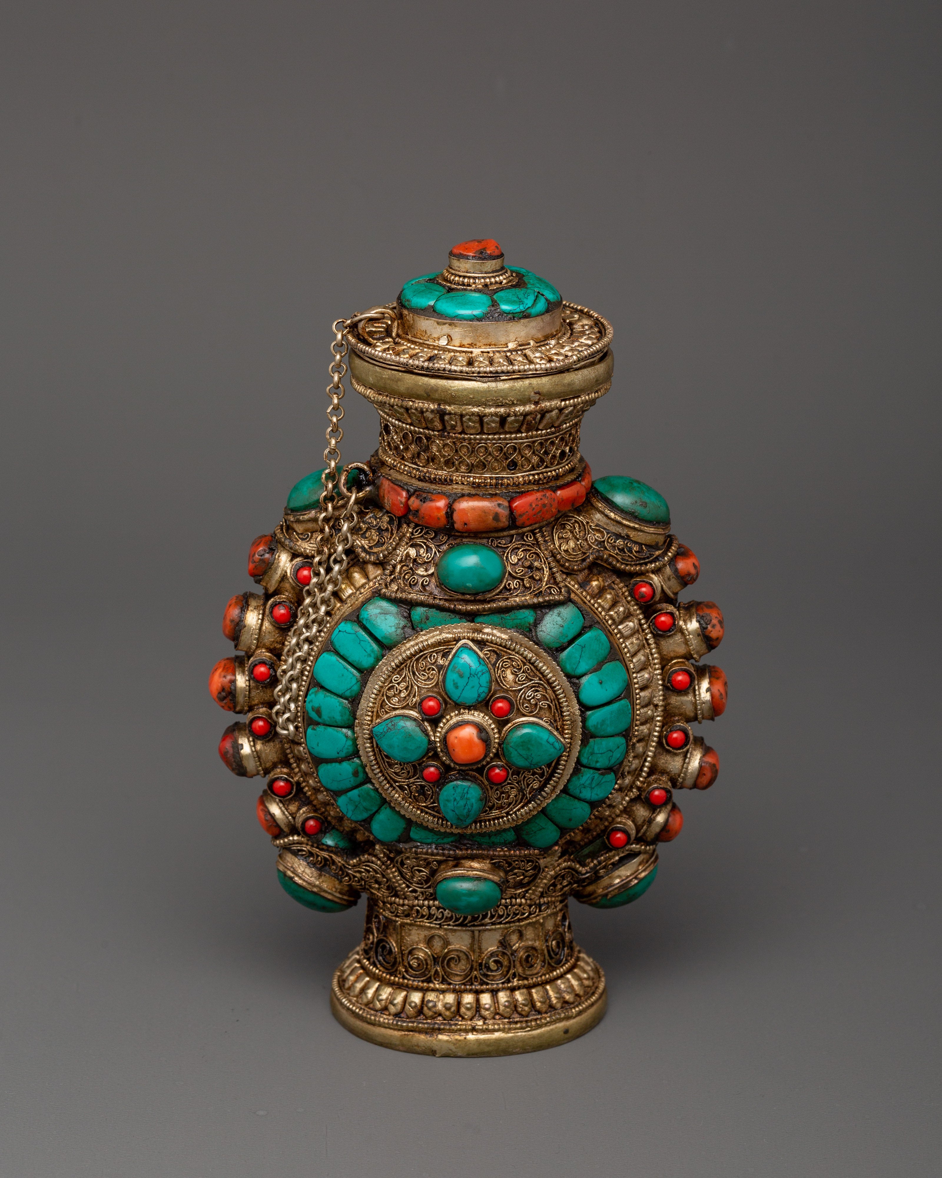 Coral Inlaid Snuff Bottle | Tibetan Ritual Bottle