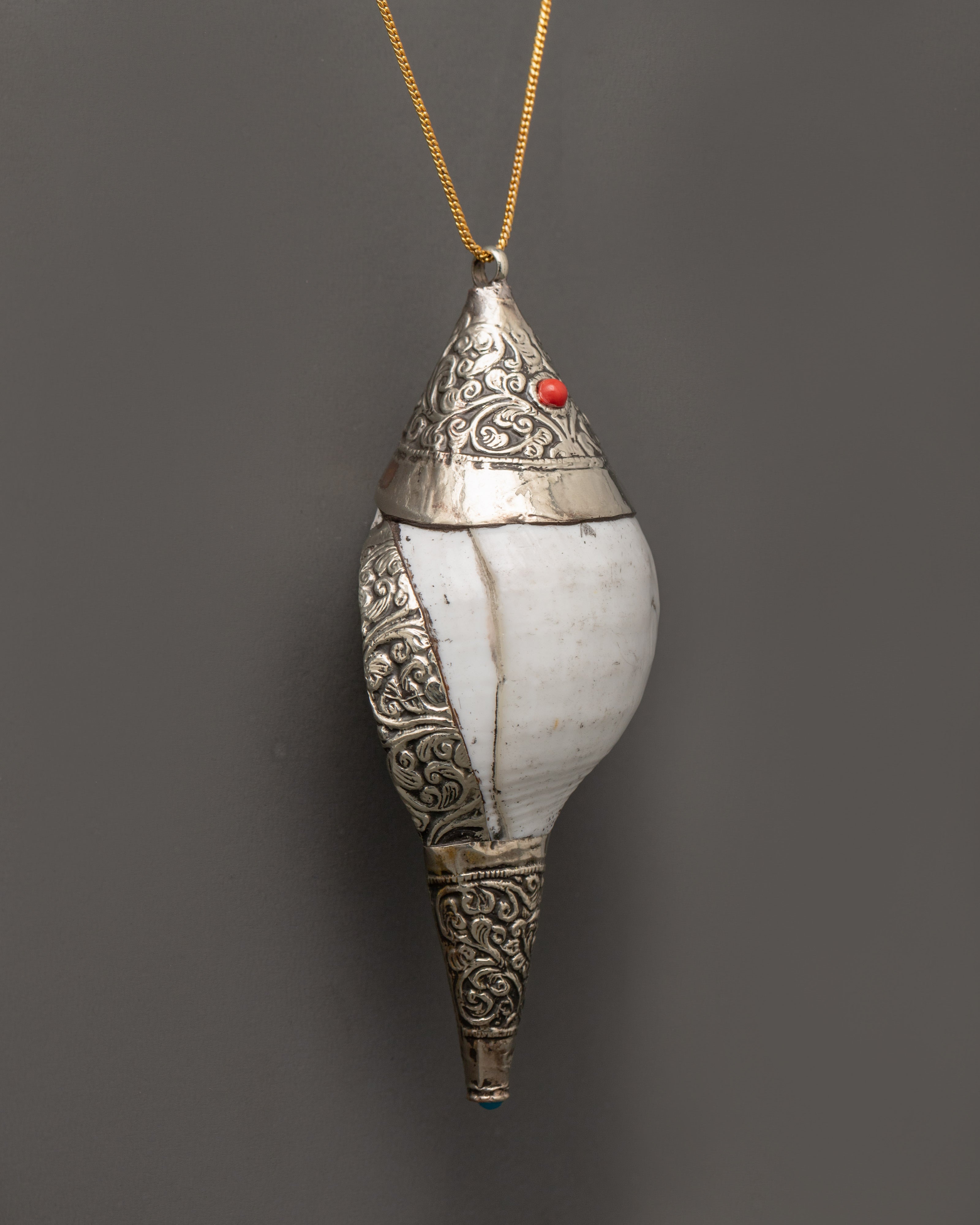 Spiritual Buddhist Conch Locket | Silver Plated Pendant with Coral Stone