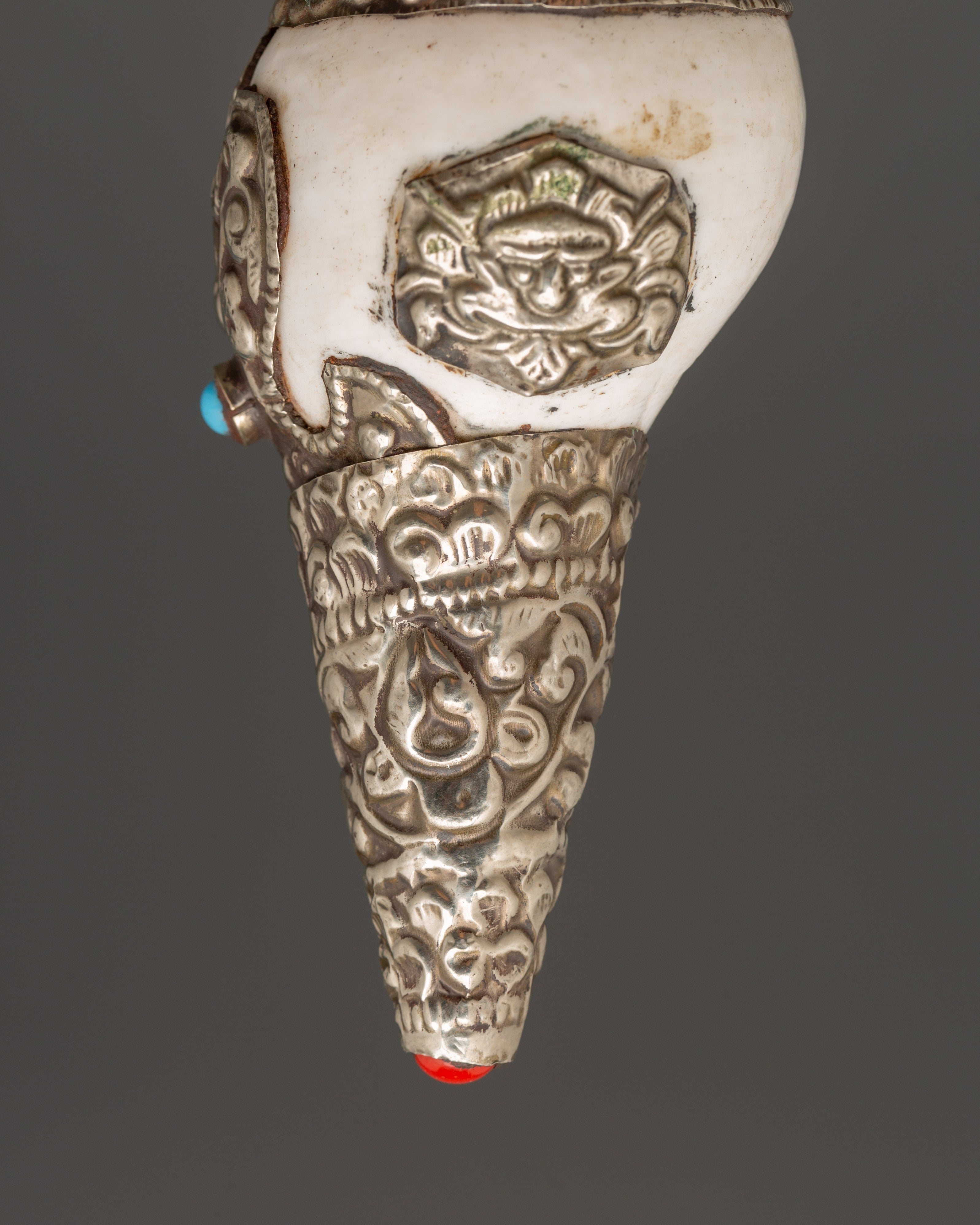 Silver Plated Conch Shell with Turquoise & Coral Inlays | Spiritual Home Decor