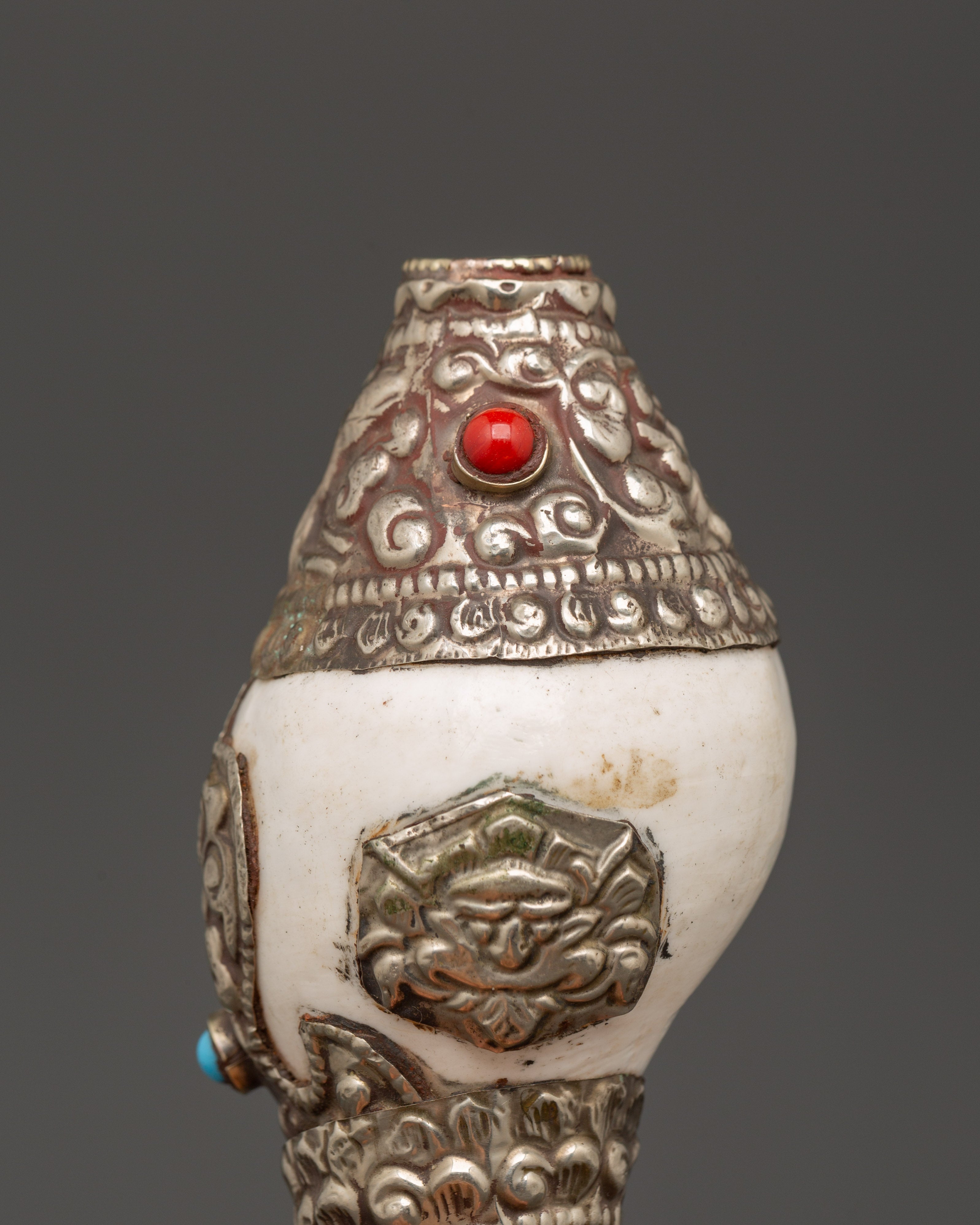 Silver Plated Conch Shell with Turquoise & Coral Inlays | Spiritual Home Decor