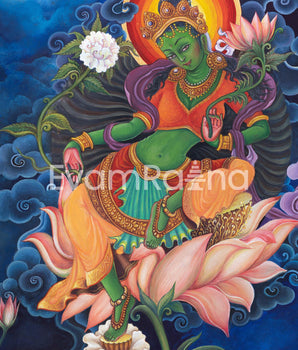 Green Tara The Female Buddha Digital Pauba Print | Mother Tara, The Deity Of Compassion Art For Room Decoration