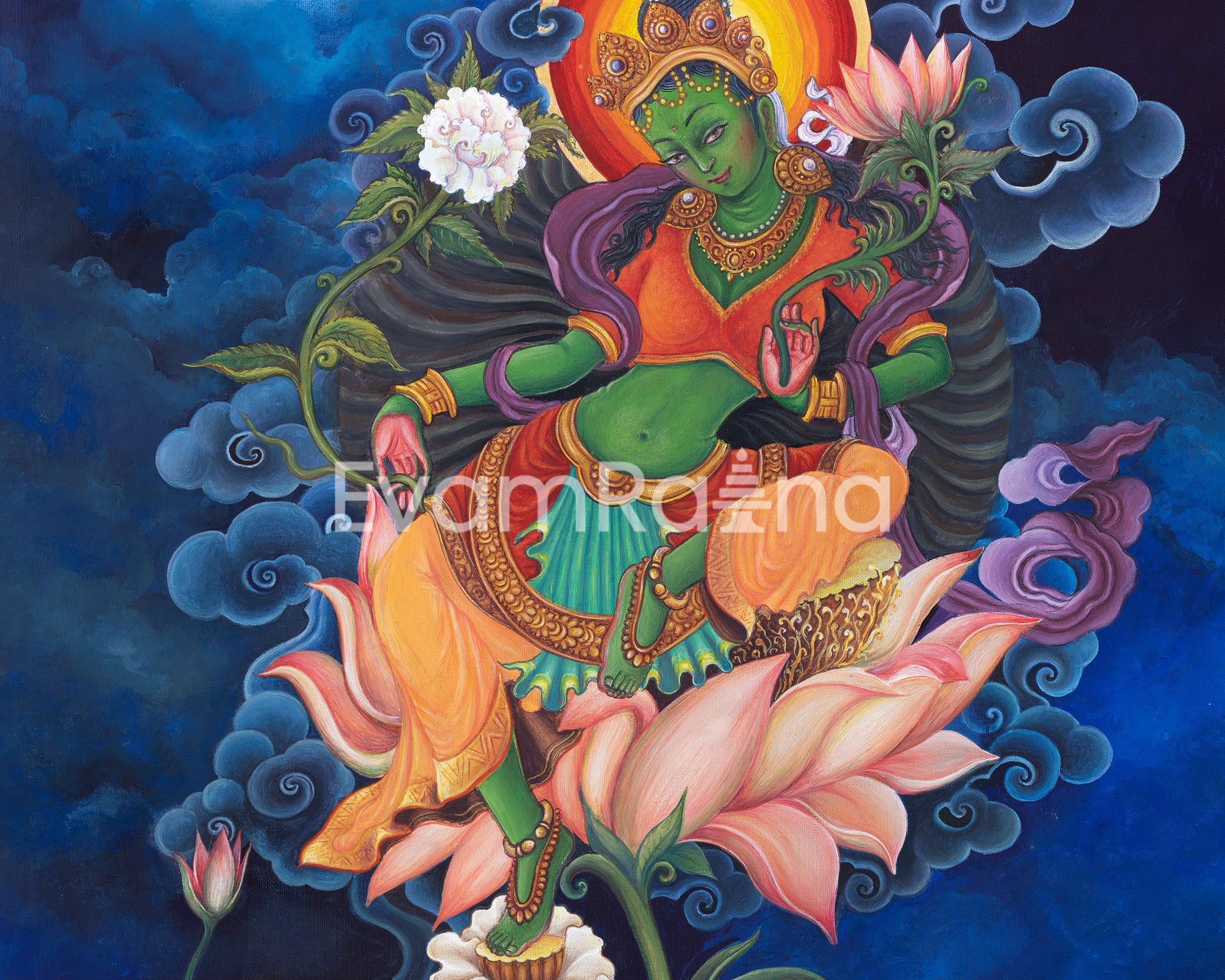 Green Tara The Female Buddha Digital Pauba Print | Mother Tara, The Deity Of Compassion Art For Room Decoration