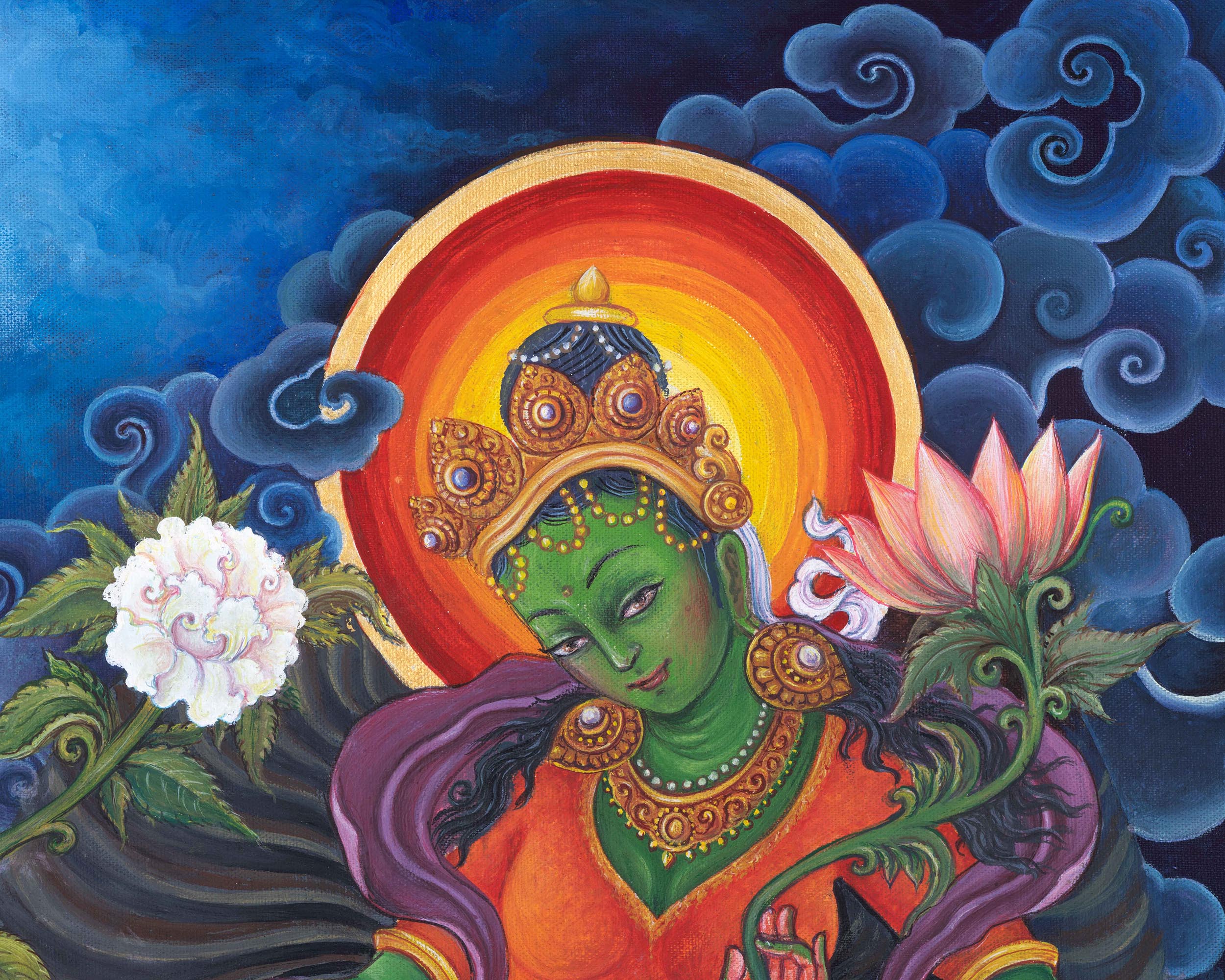 Green Tara The Female Buddha Digital Pauba Print | Mother Tara, The Deity Of Compassion Art For Room Decoration