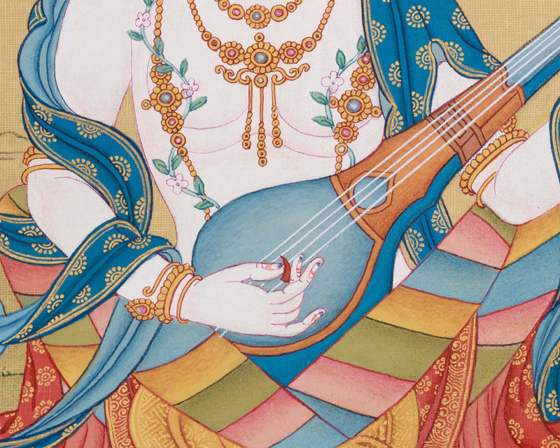 Mother Saraswati Thangka | Sacred Art of Music, Wisdom, and Spiritual Enlightenment