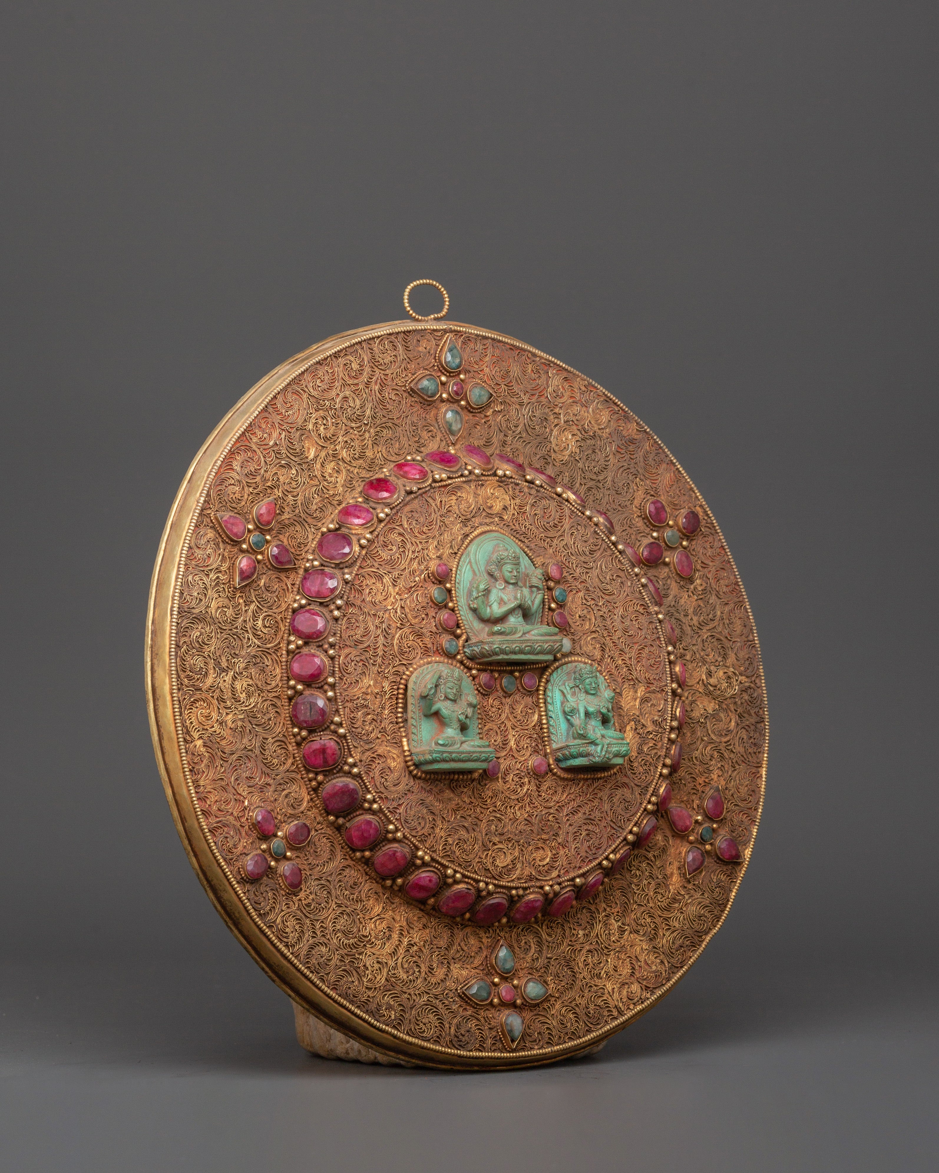 Wall Hanging Madala with Bodhisattvas | Inlaid Mandala with Turquoise, Coral, and Ruby