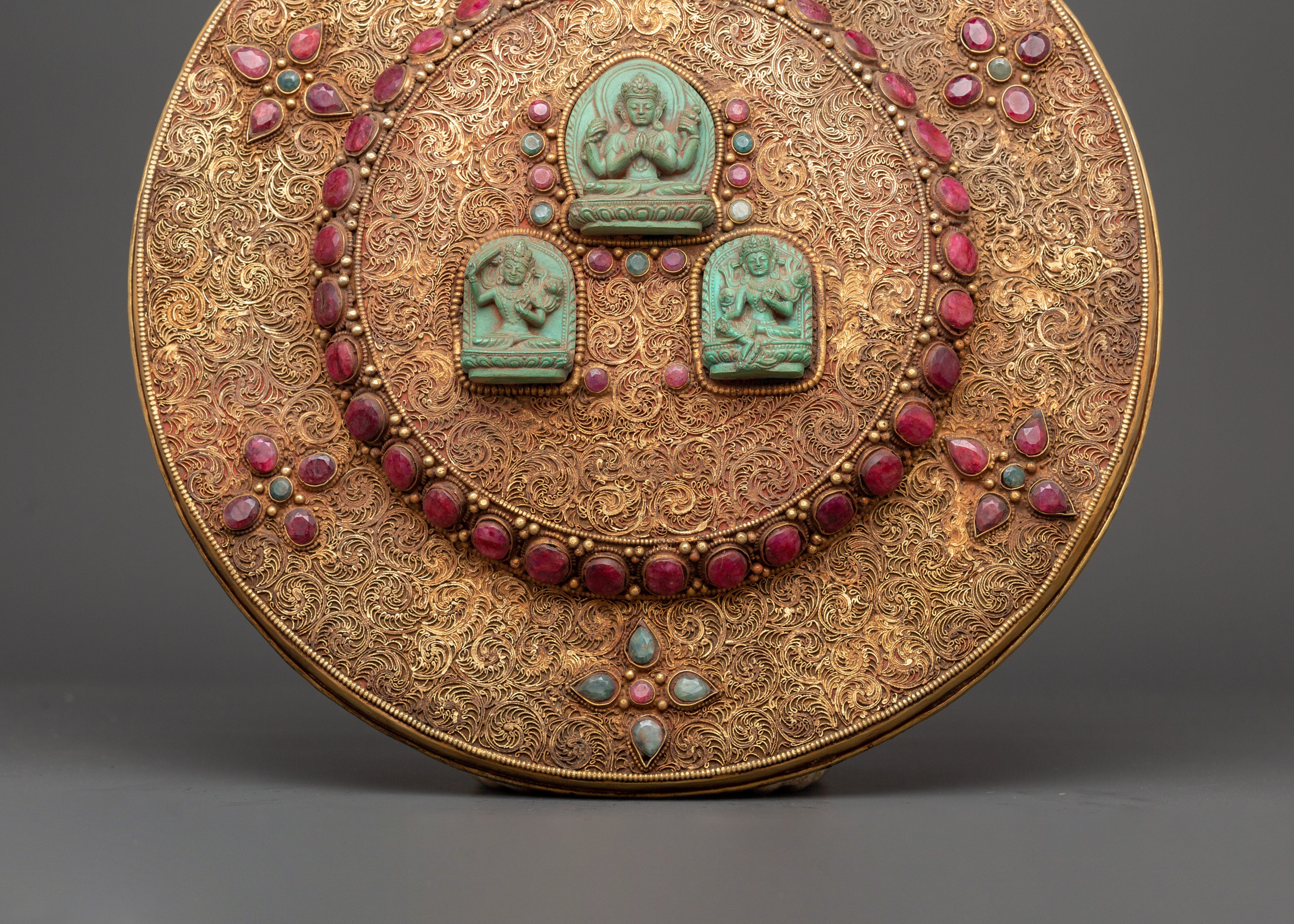 Wall Hanging Madala with Bodhisattvas | Inlaid Mandala with Turquoise, Coral, and Ruby