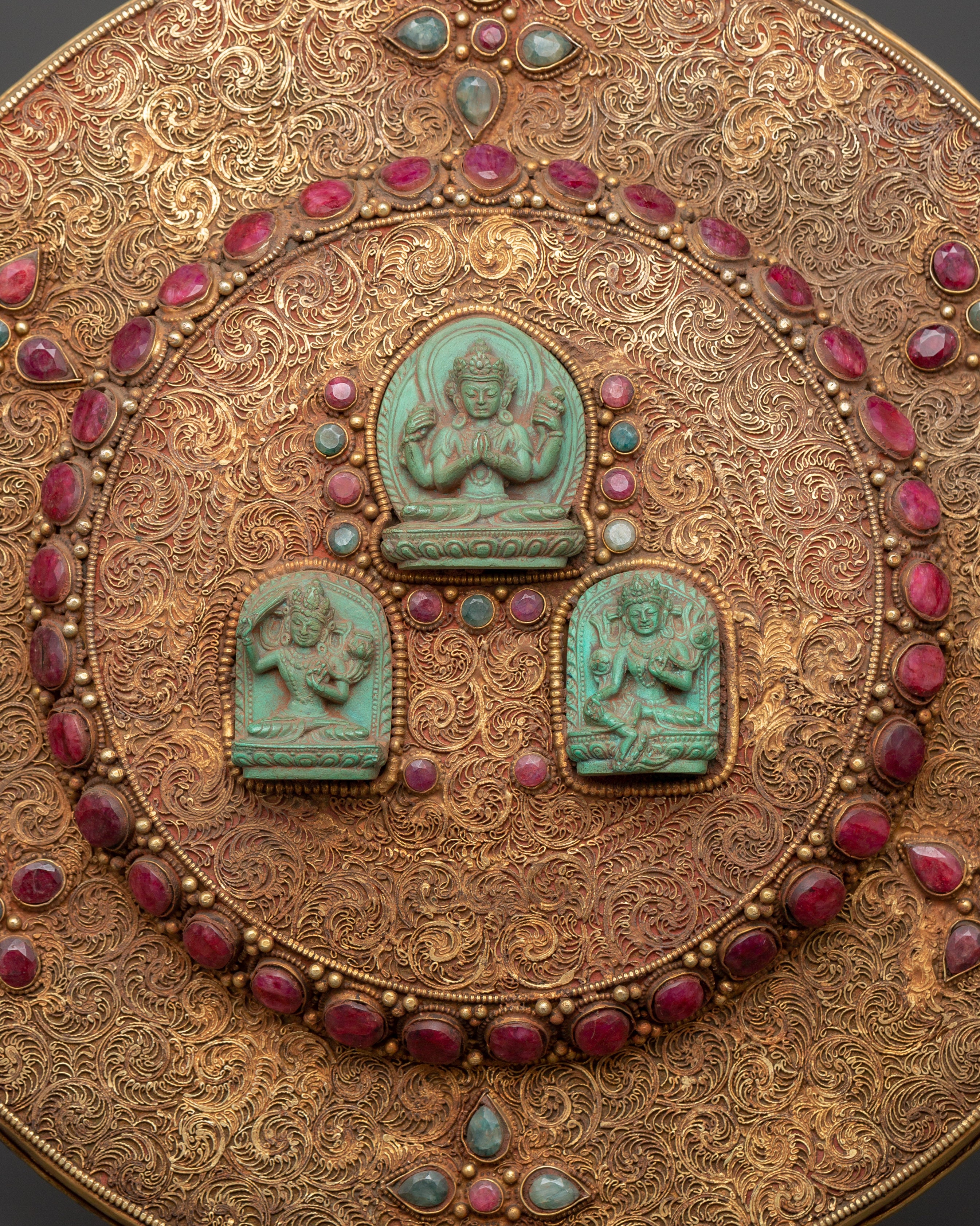 Wall Hanging Madala with Bodhisattvas | Inlaid Mandala with Turquoise, Coral, and Ruby