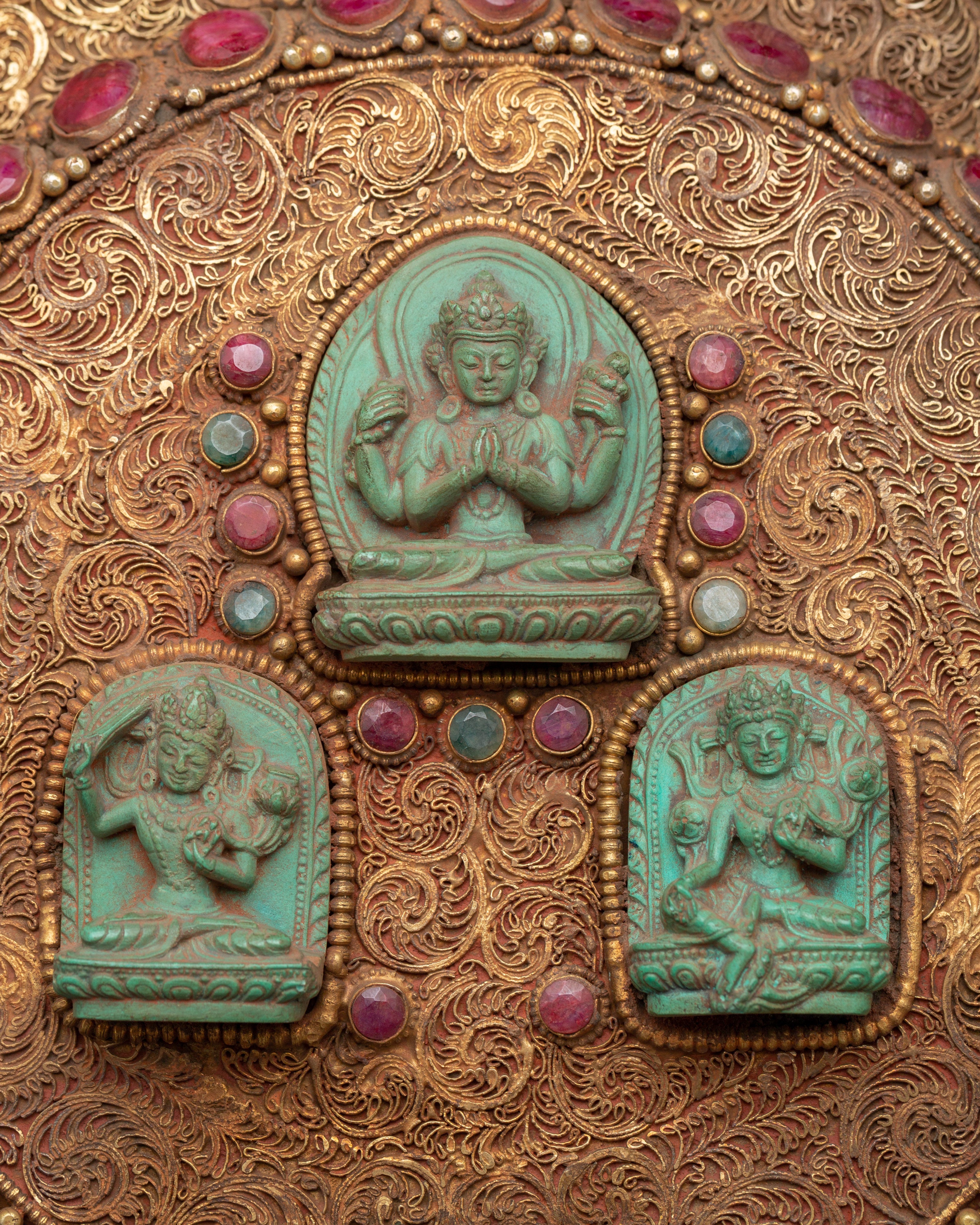 Wall Hanging Madala with Bodhisattvas | Inlaid Mandala with Turquoise, Coral, and Ruby