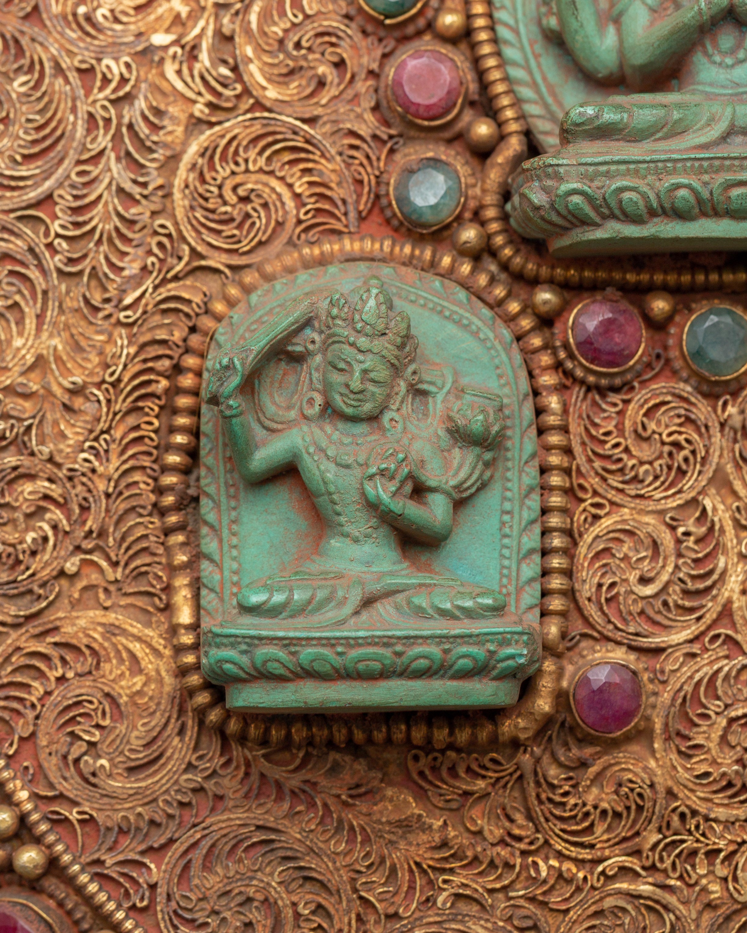 Wall Hanging Madala with Bodhisattvas | Inlaid Mandala with Turquoise, Coral, and Ruby