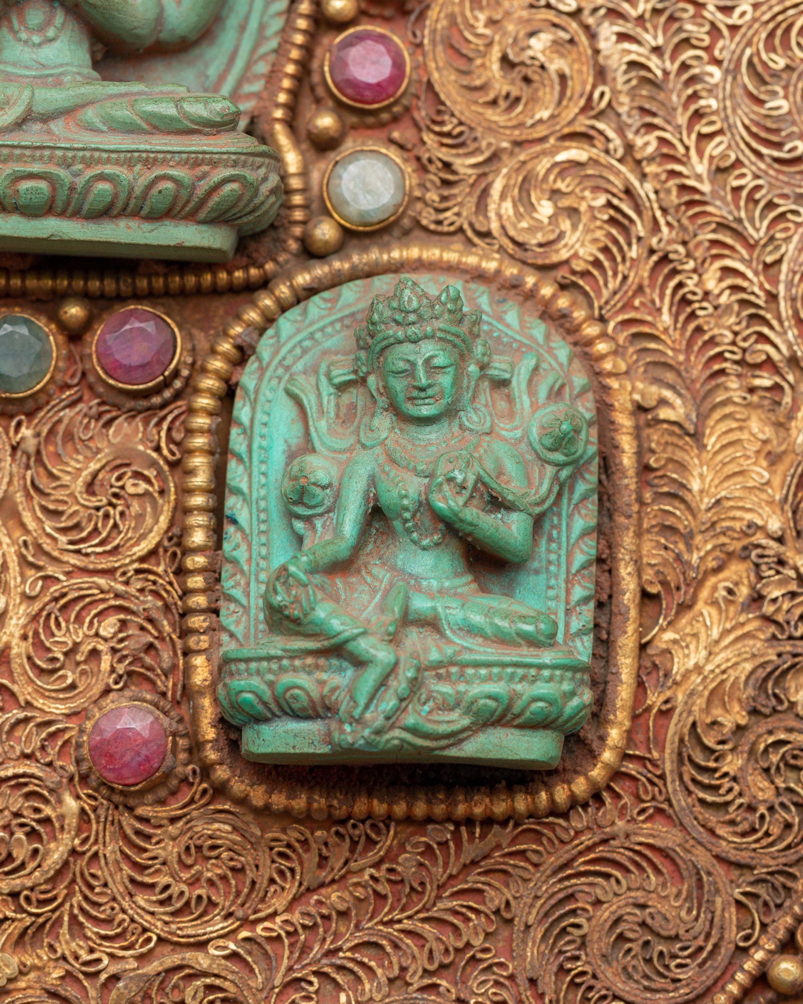 Wall Hanging Madala with Bodhisattvas | Inlaid Mandala with Turquoise, Coral, and Ruby