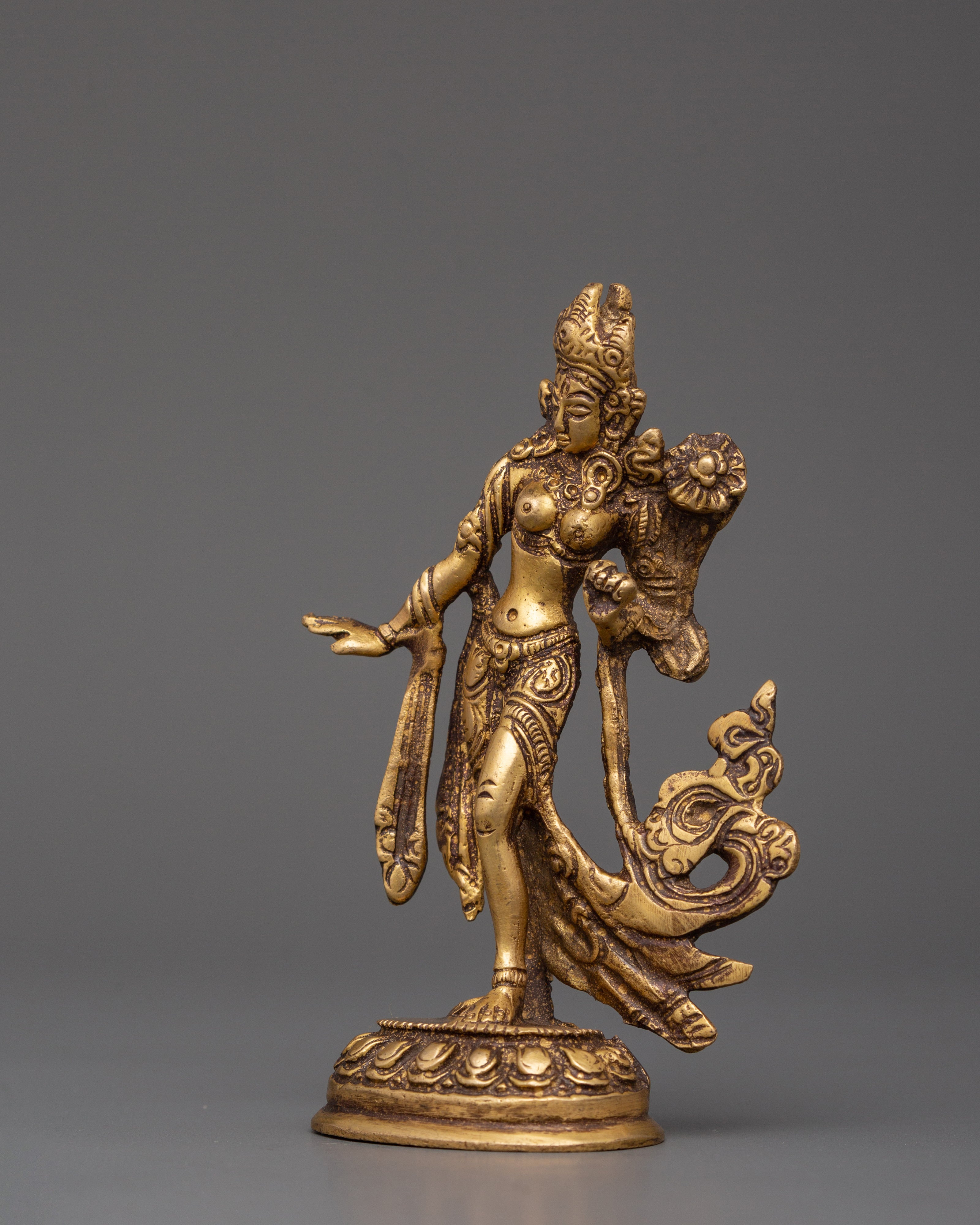 Handcrafted Standing Green Tara Statue | Tibetan Goddess Sculpture in Flowing Pose