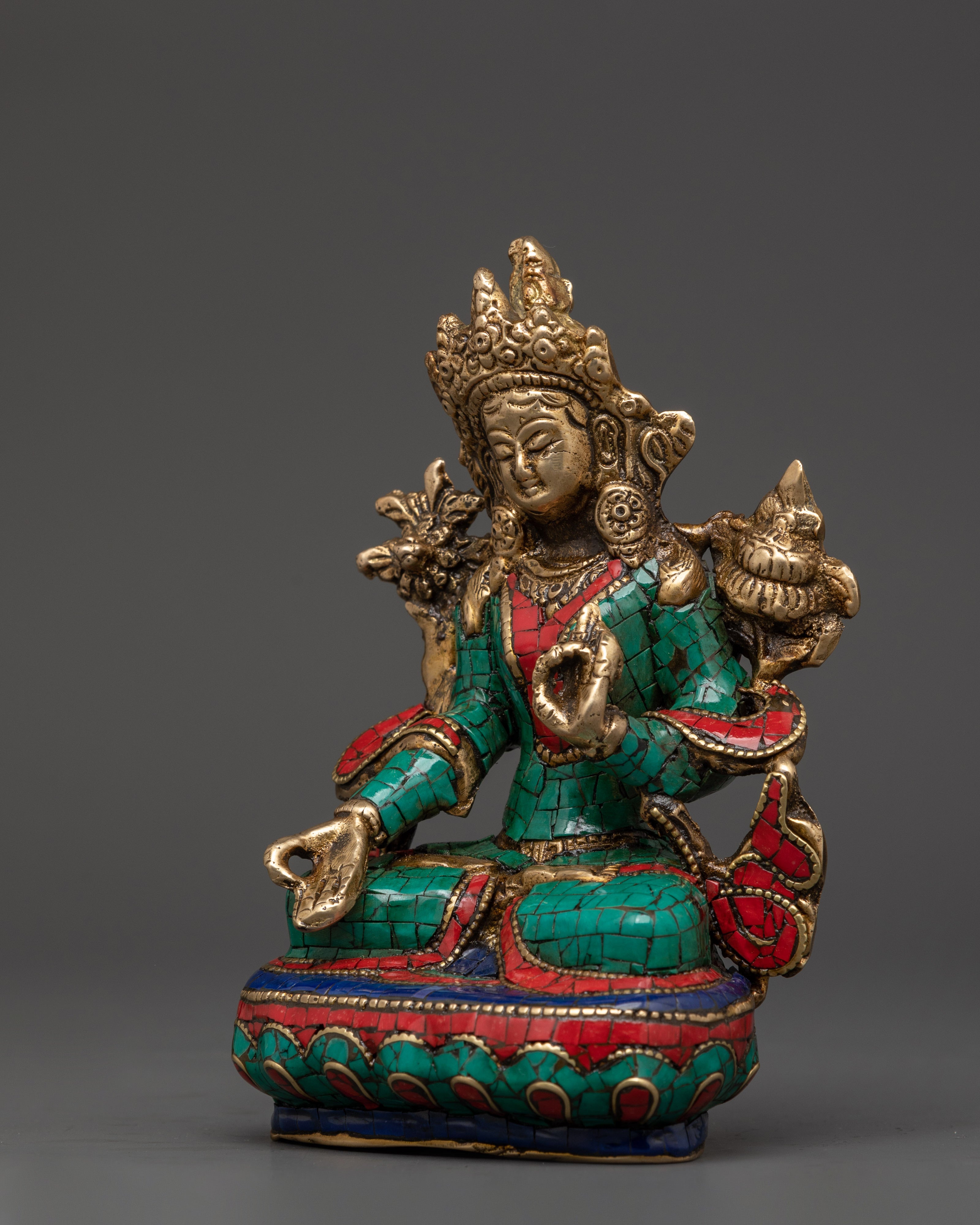 White Tara Handcrafted Brass Statue | Tibetan Art with Turquoise