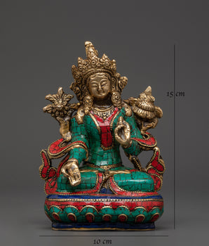 White Tara Handcrafted Brass Statue | Tibetan Art with Turquoise