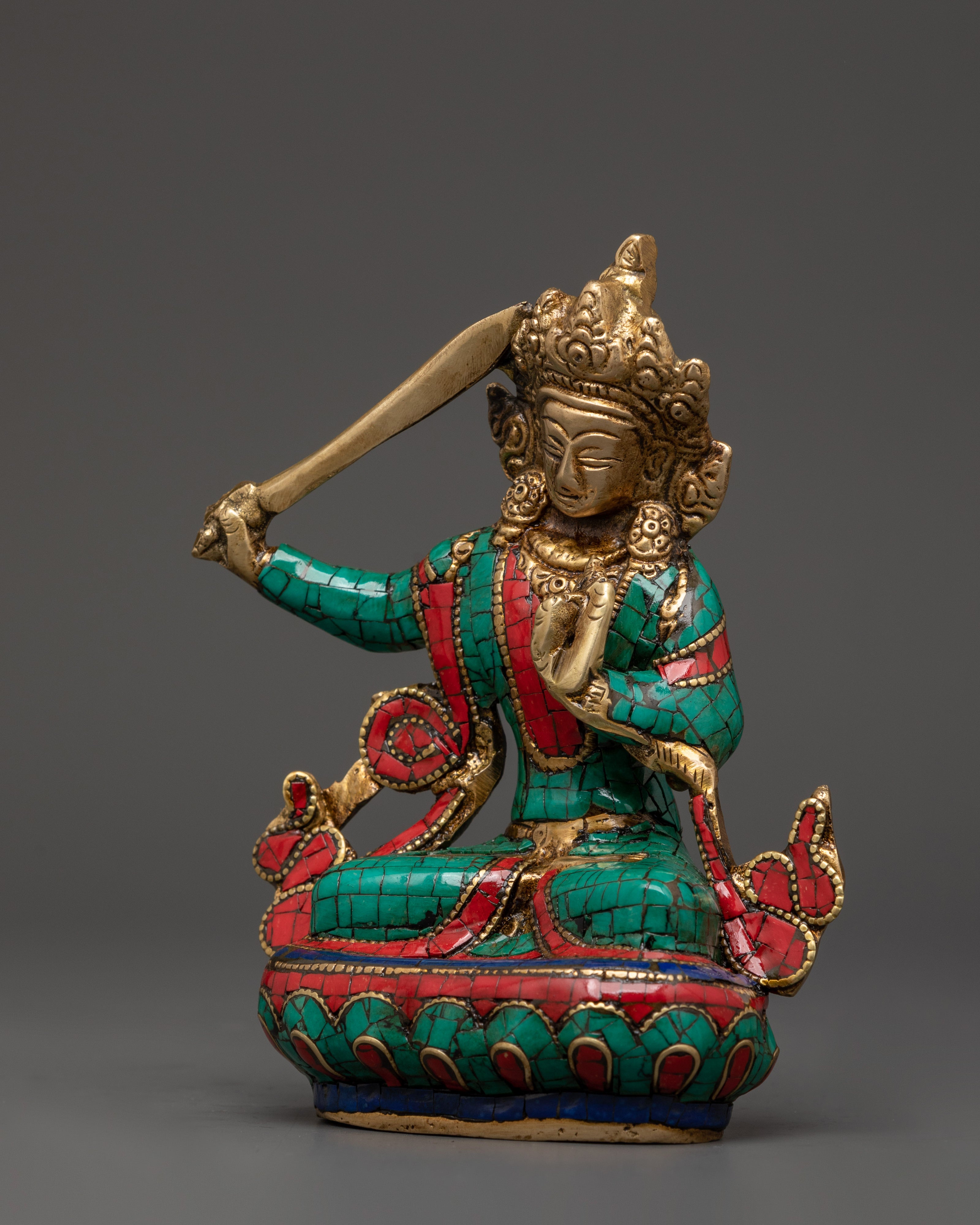 Handcrafted Brass Manjushri Statue | Spiritual Bodhisattva Art for Meditation