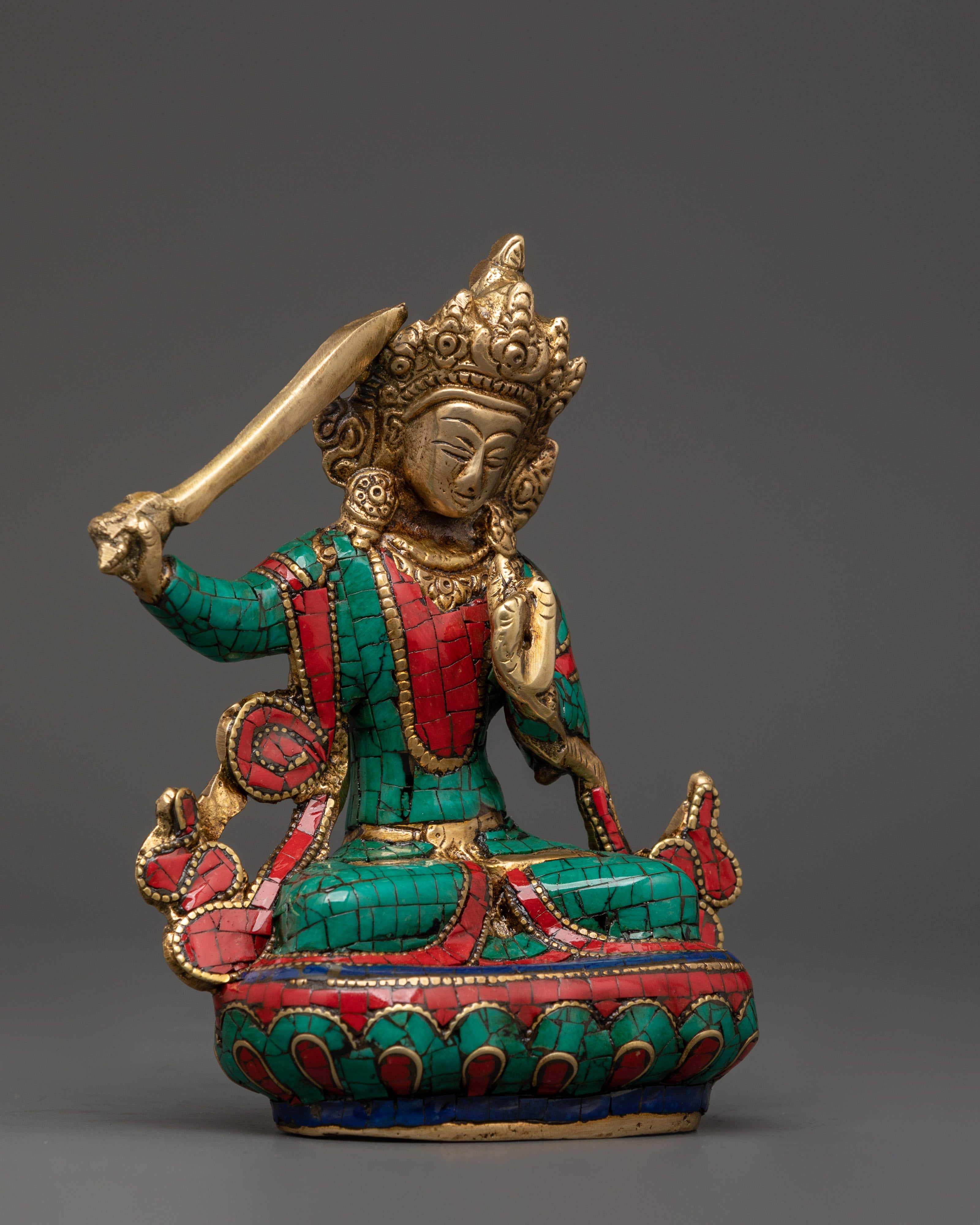 Handcrafted Brass Manjushri Statue | Spiritual Bodhisattva Art for Meditation