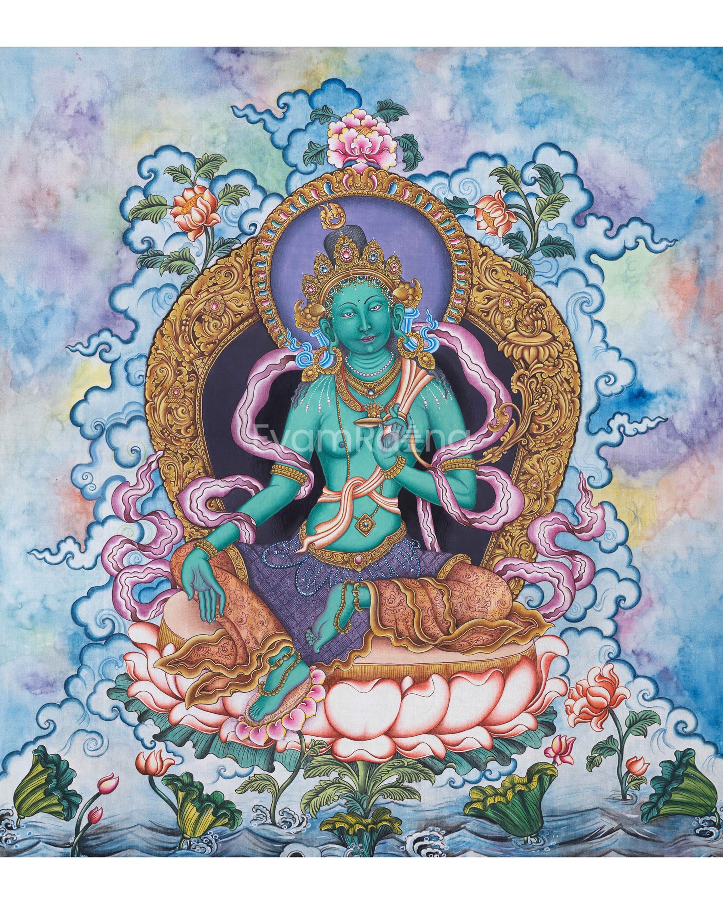 Green Tara Buddha Goddess High-Quality Giclee Print | Traditional Nepali Deity Art For Spiritual Room Decor