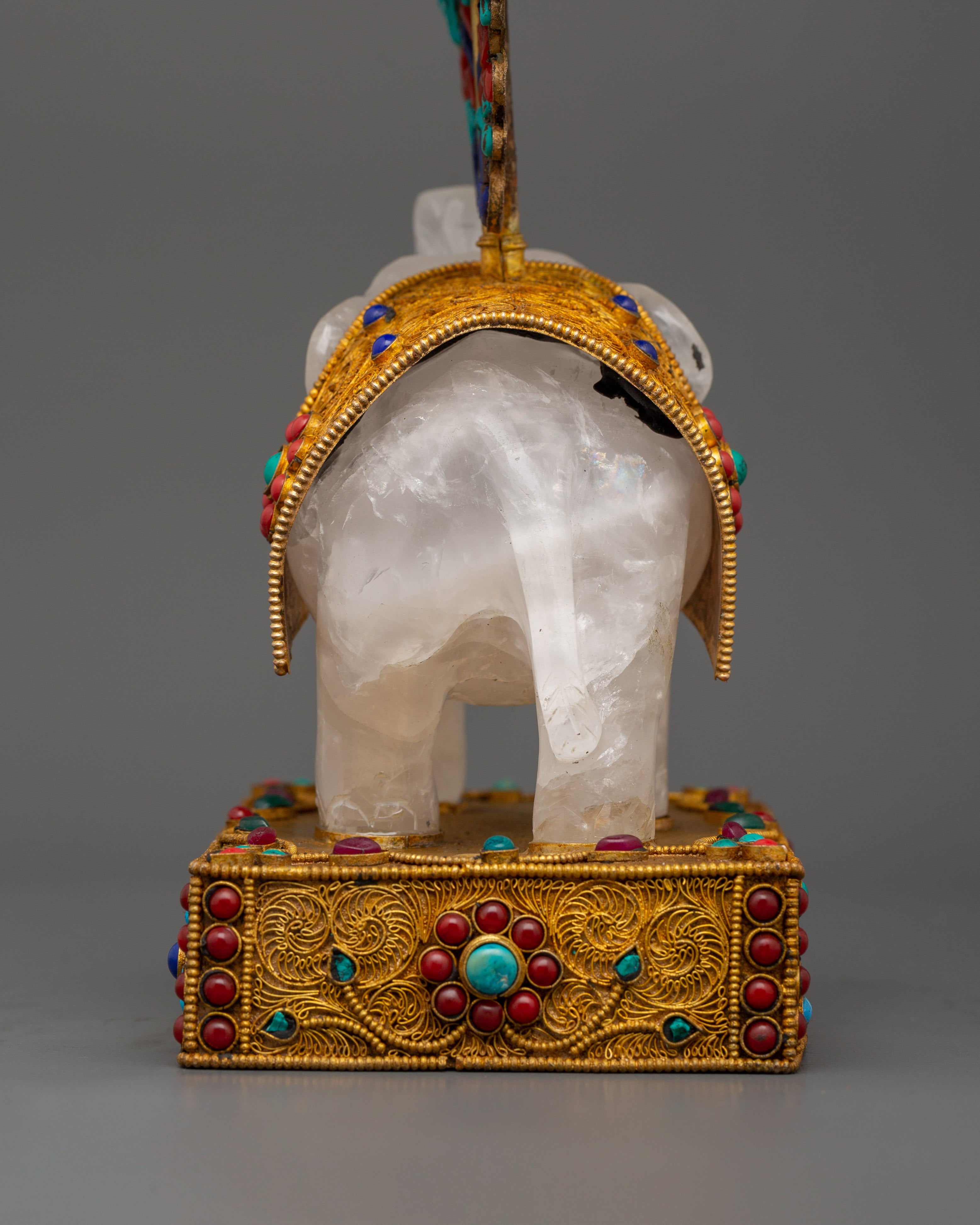Shakyamuni Buddha on Crystal Elephant | Lapis & Coral Inlaid Gold Statue