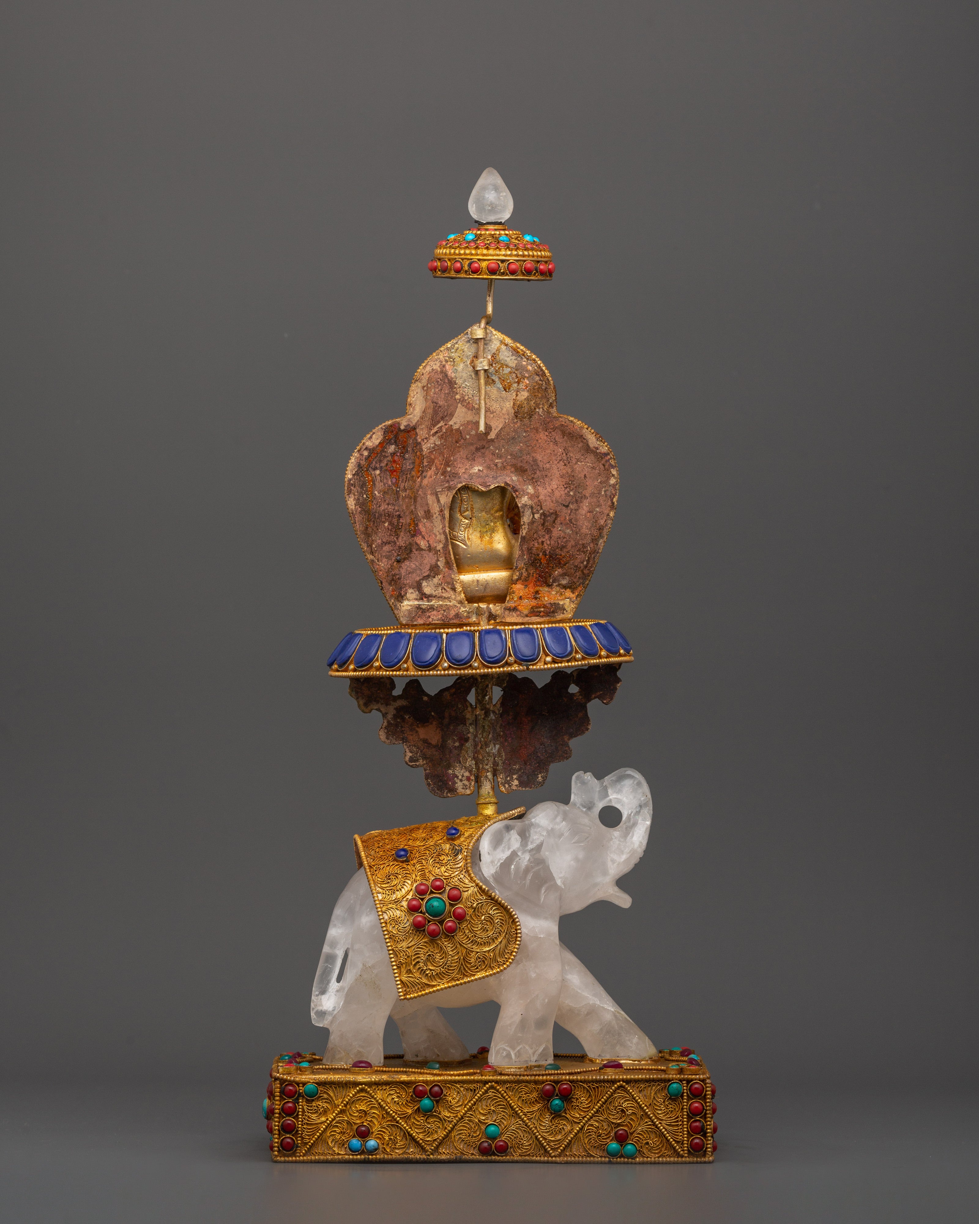 Shakyamuni Buddha on Crystal Elephant | Lapis & Coral Inlaid Gold Statue