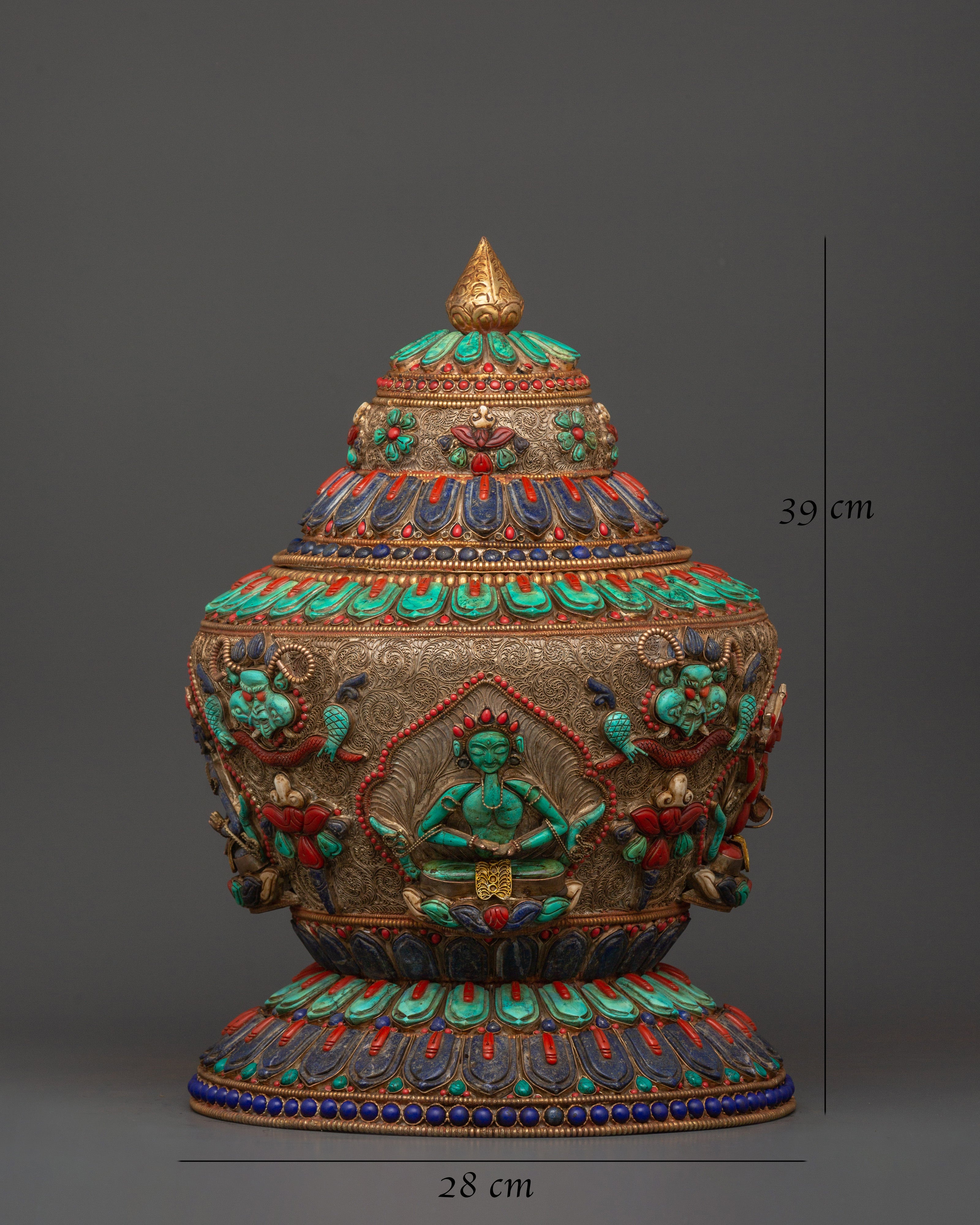 Tibetan Ritual Rice Pot with Coral | Buddhist Ritual and Altar Use