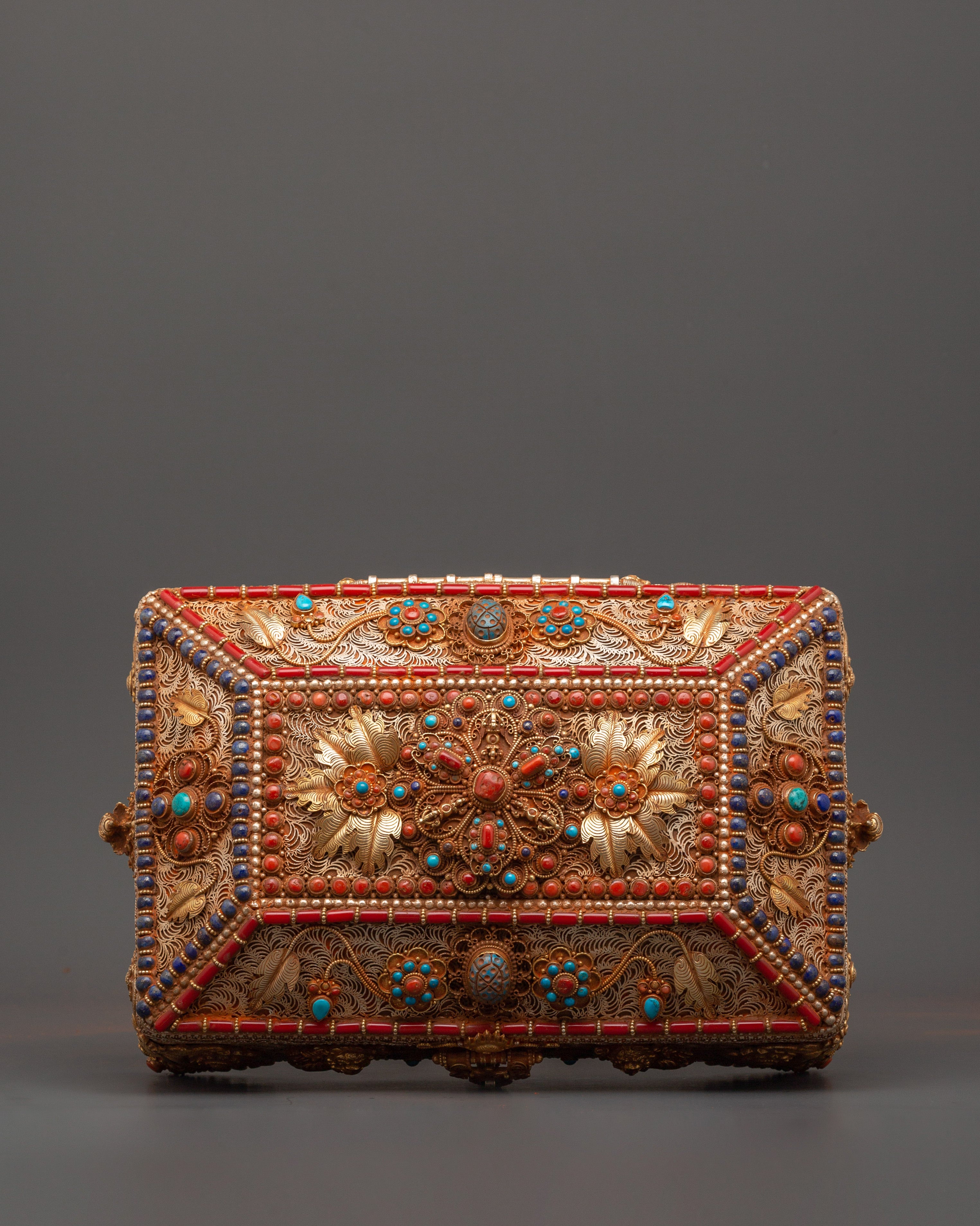 Tibetan Treasure Box with Turquoise and Coral | Buddhist Decor