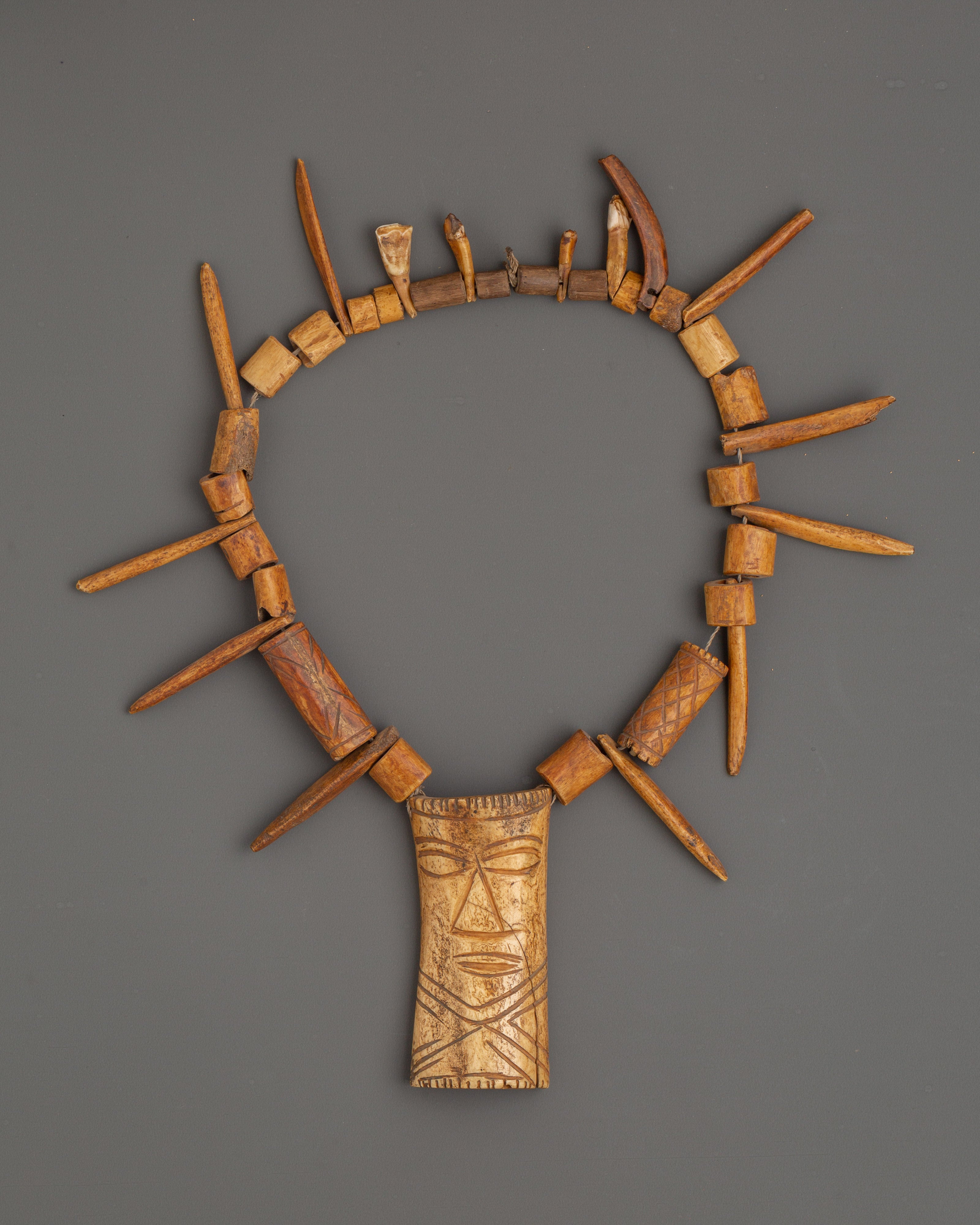 Hand-Carved Ethical Bone Mala Necklace | Ritual Mala with Tribal Face Pendant