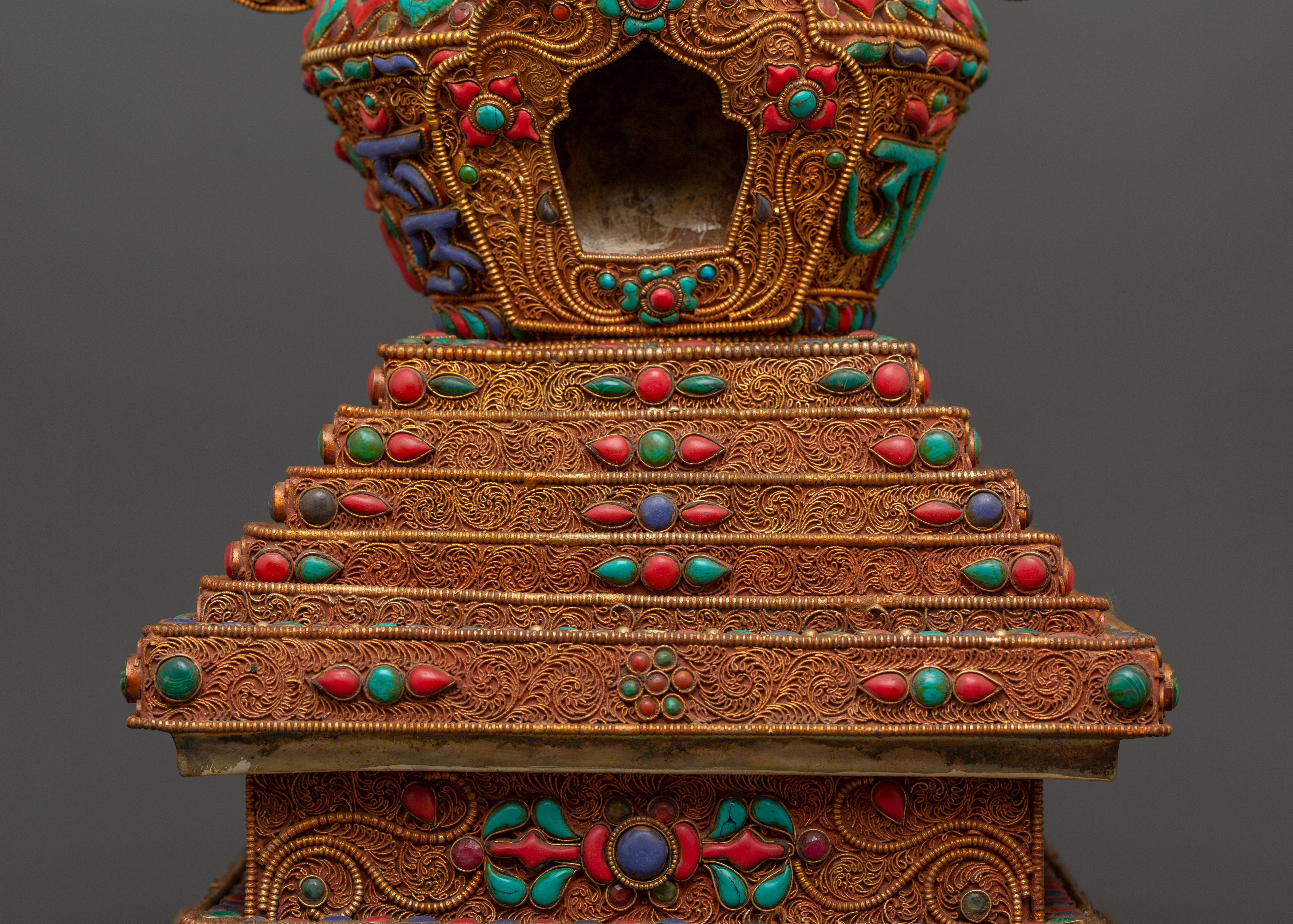 Copper Buddhist Chorten with Turquoise and  Coral | Spiritual Symbol of Peace