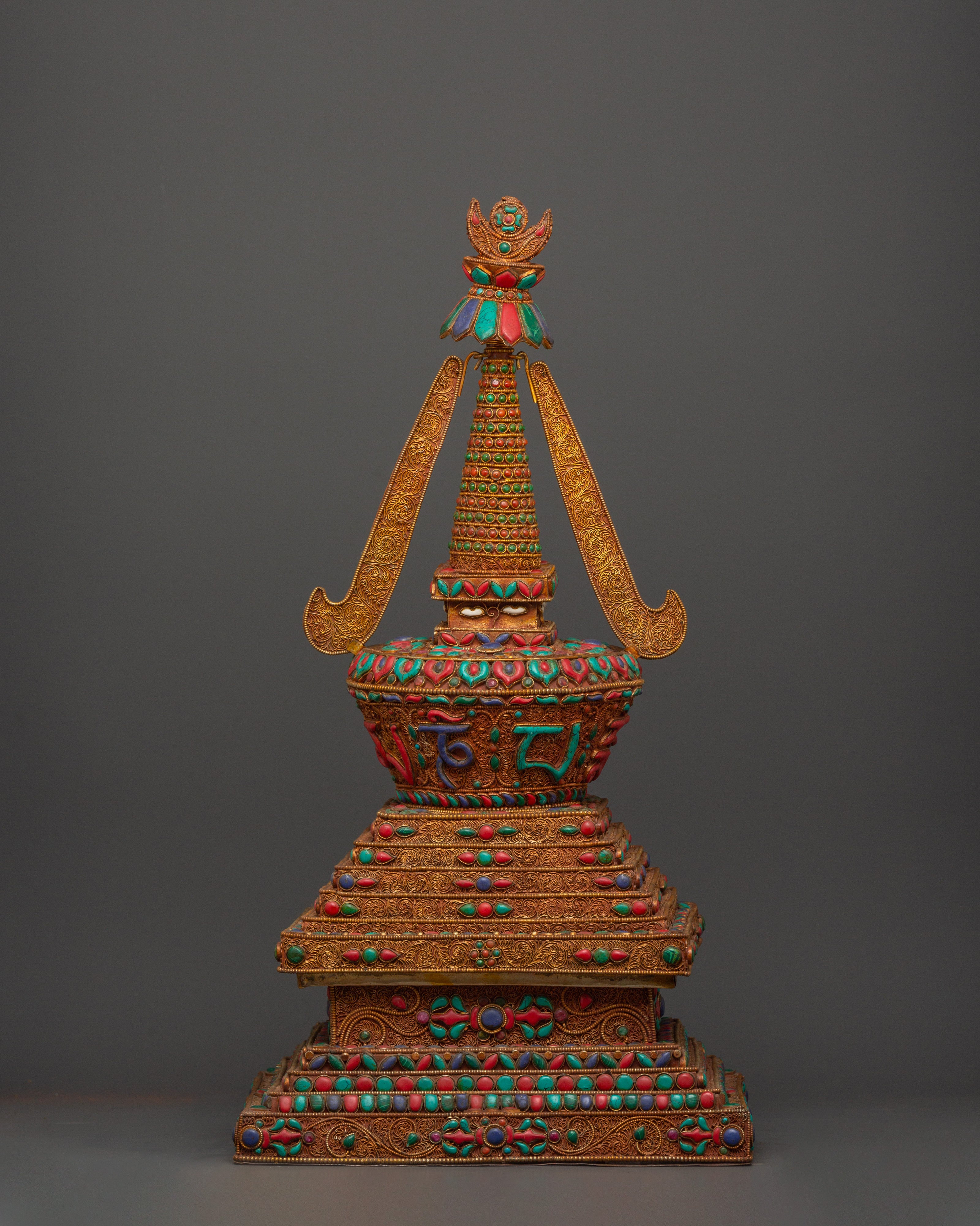 Copper Buddhist Chorten with Turquoise and  Coral | Spiritual Symbol of Peace