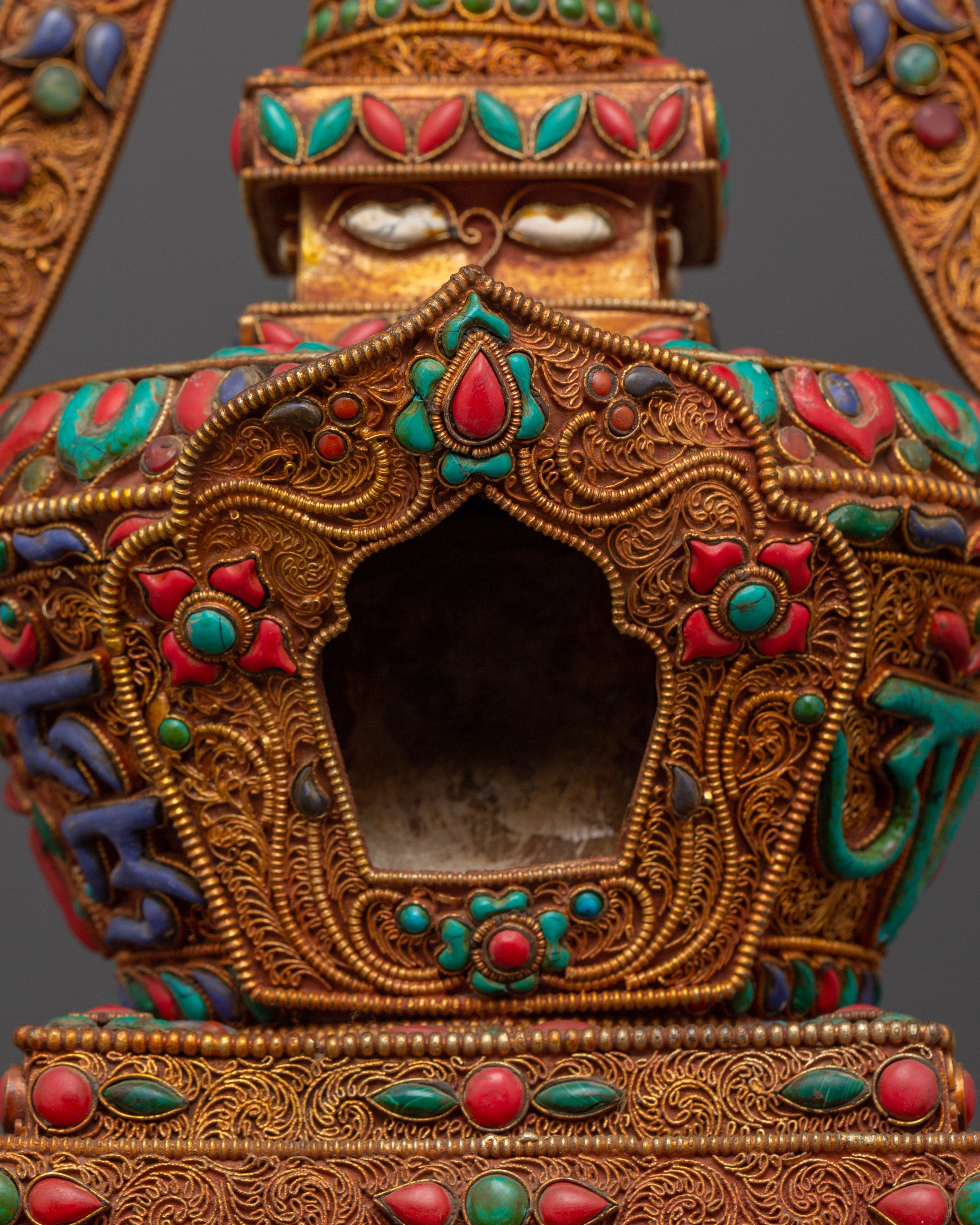 Copper Buddhist Chorten with Turquoise and  Coral | Spiritual Symbol of Peace