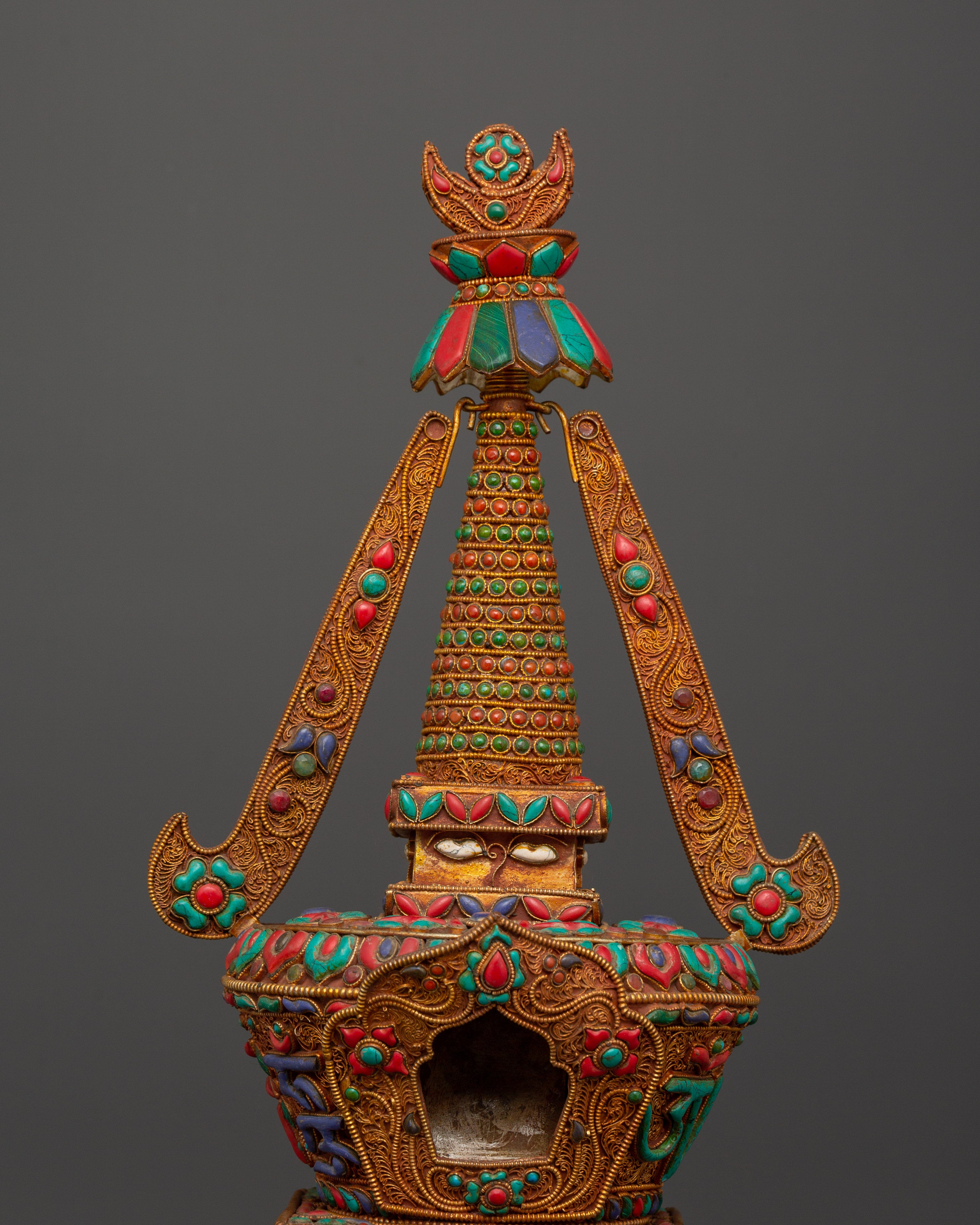 Copper Buddhist Chorten with Turquoise and  Coral | Spiritual Symbol of Peace