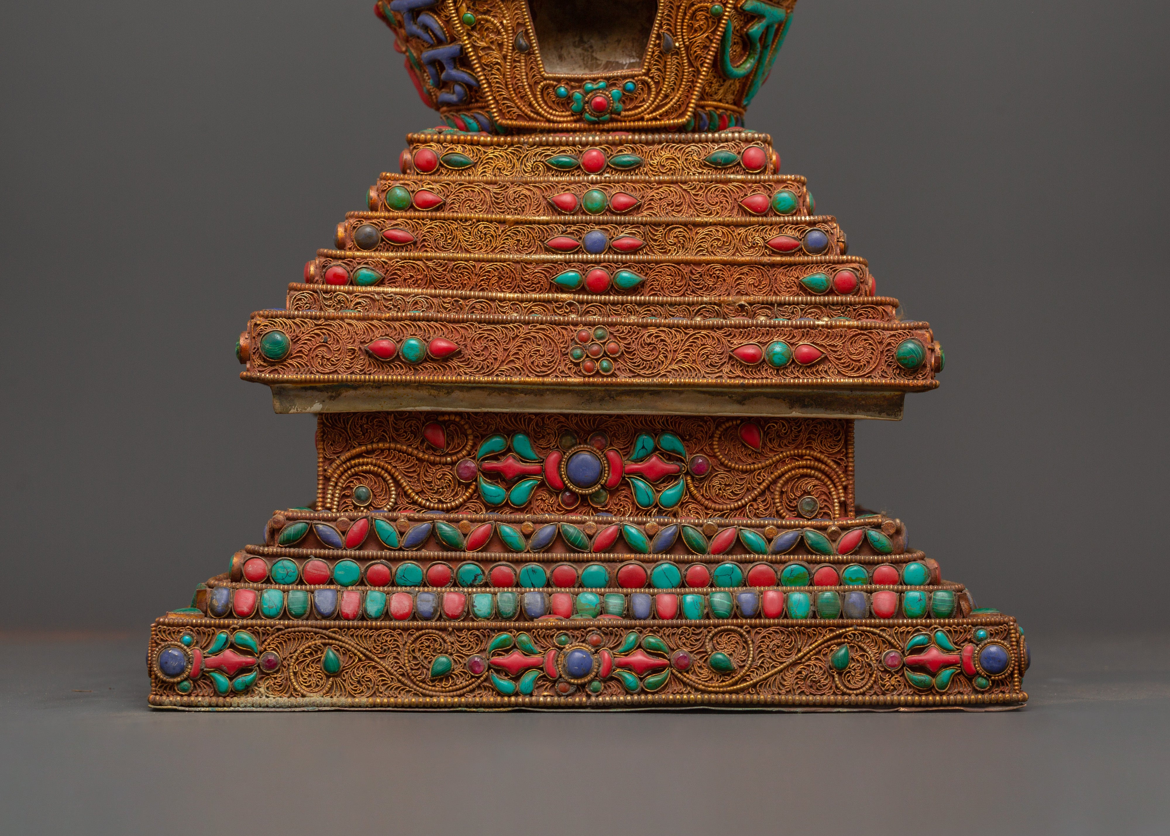 Copper Buddhist Chorten with Turquoise and  Coral | Spiritual Symbol of Peace
