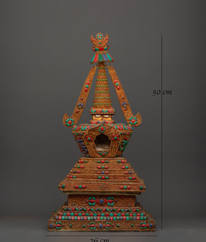 Copper Buddhist Chorten with Turquoise and  Coral | Spiritual Symbol of Peace
