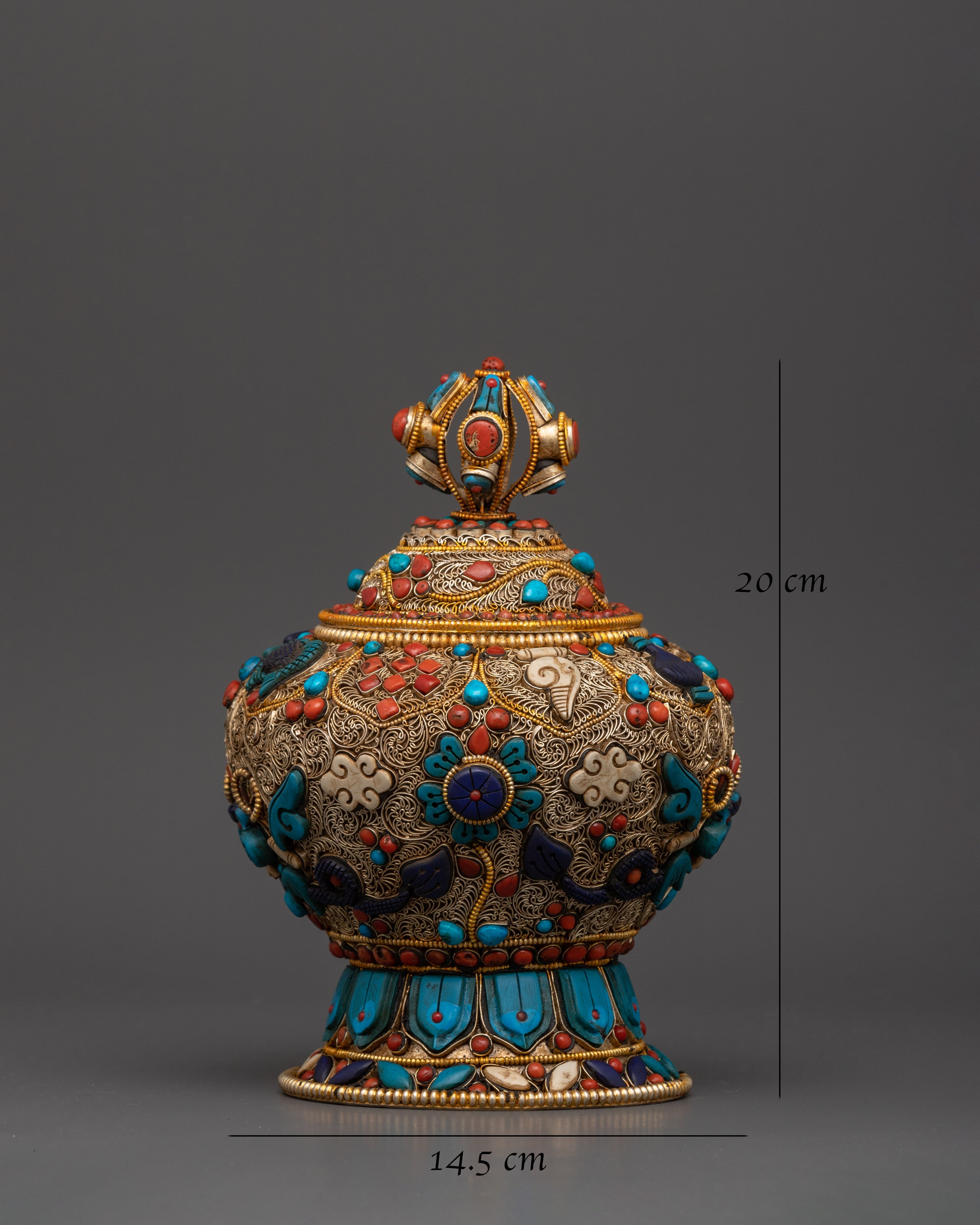Beautiful Tibetan Rice Pot  with Stones Floral Motifs | Ideal for Altar, Decor, and Rituals