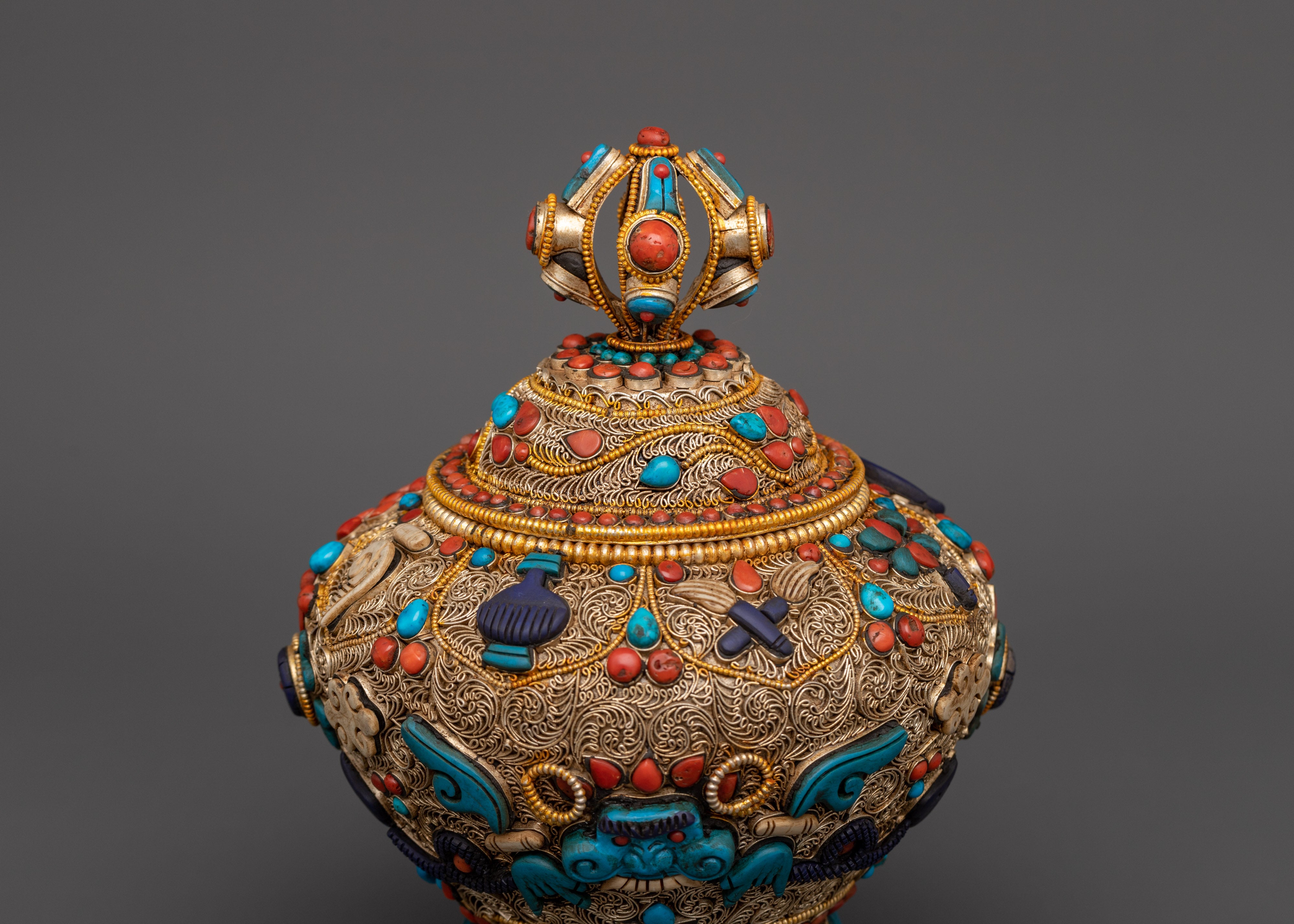 Beautiful Tibetan Rice Pot  with Stones Floral Motifs | Ideal for Altar, Decor, and Rituals