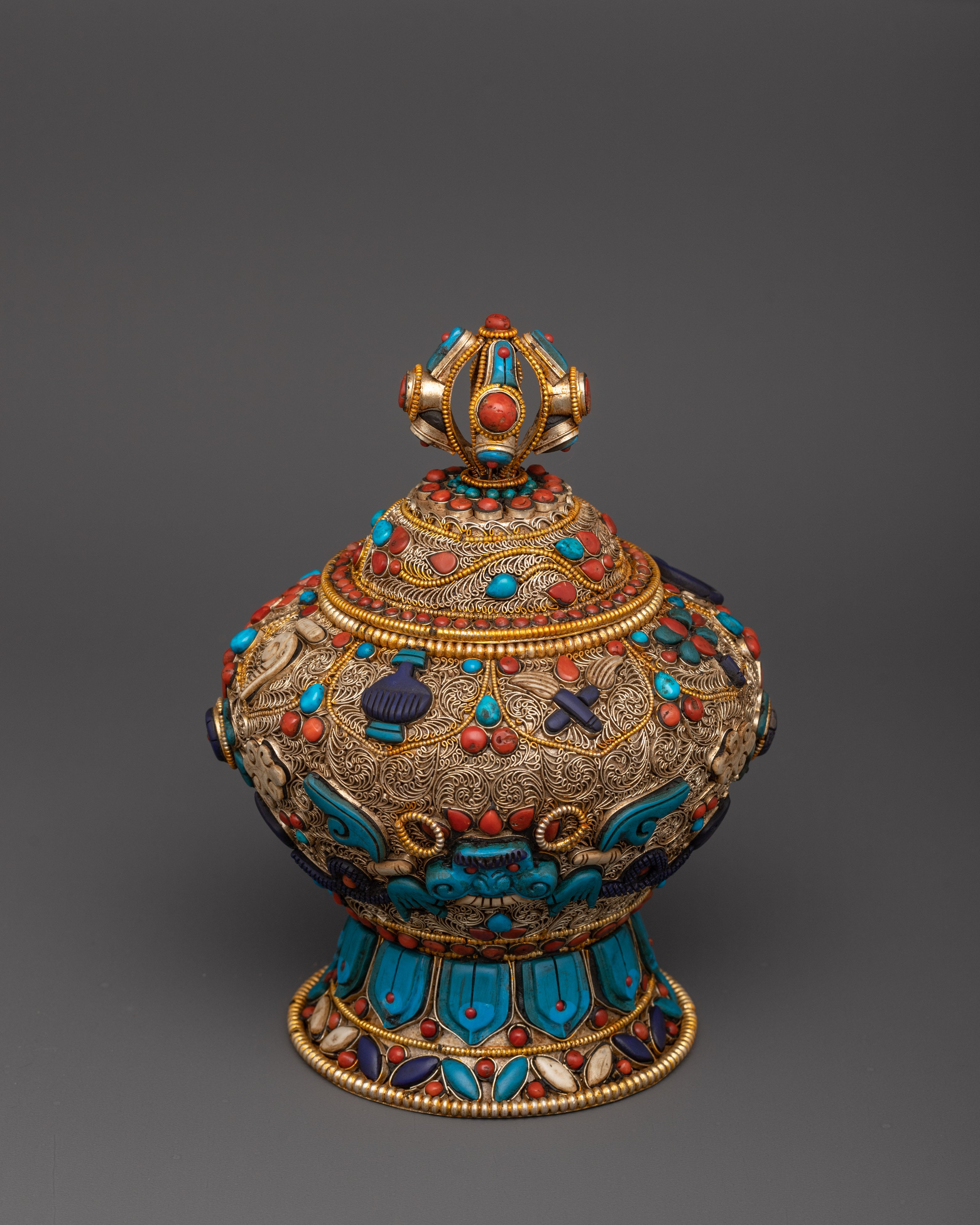 Beautiful Tibetan Rice Pot  with Stones Floral Motifs | Ideal for Altar, Decor, and Rituals