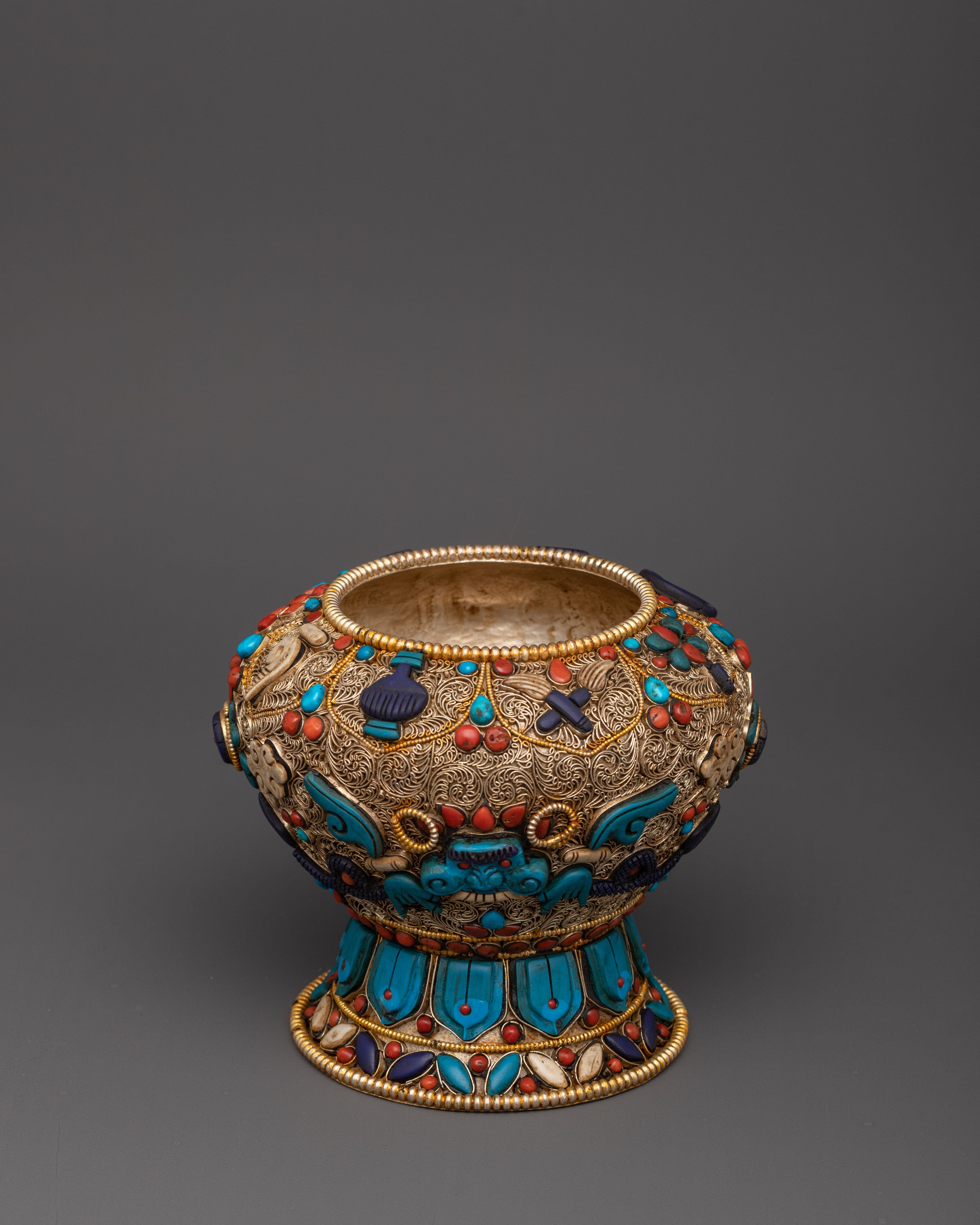 Beautiful Tibetan Rice Pot  with Stones Floral Motifs | Ideal for Altar, Decor, and Rituals