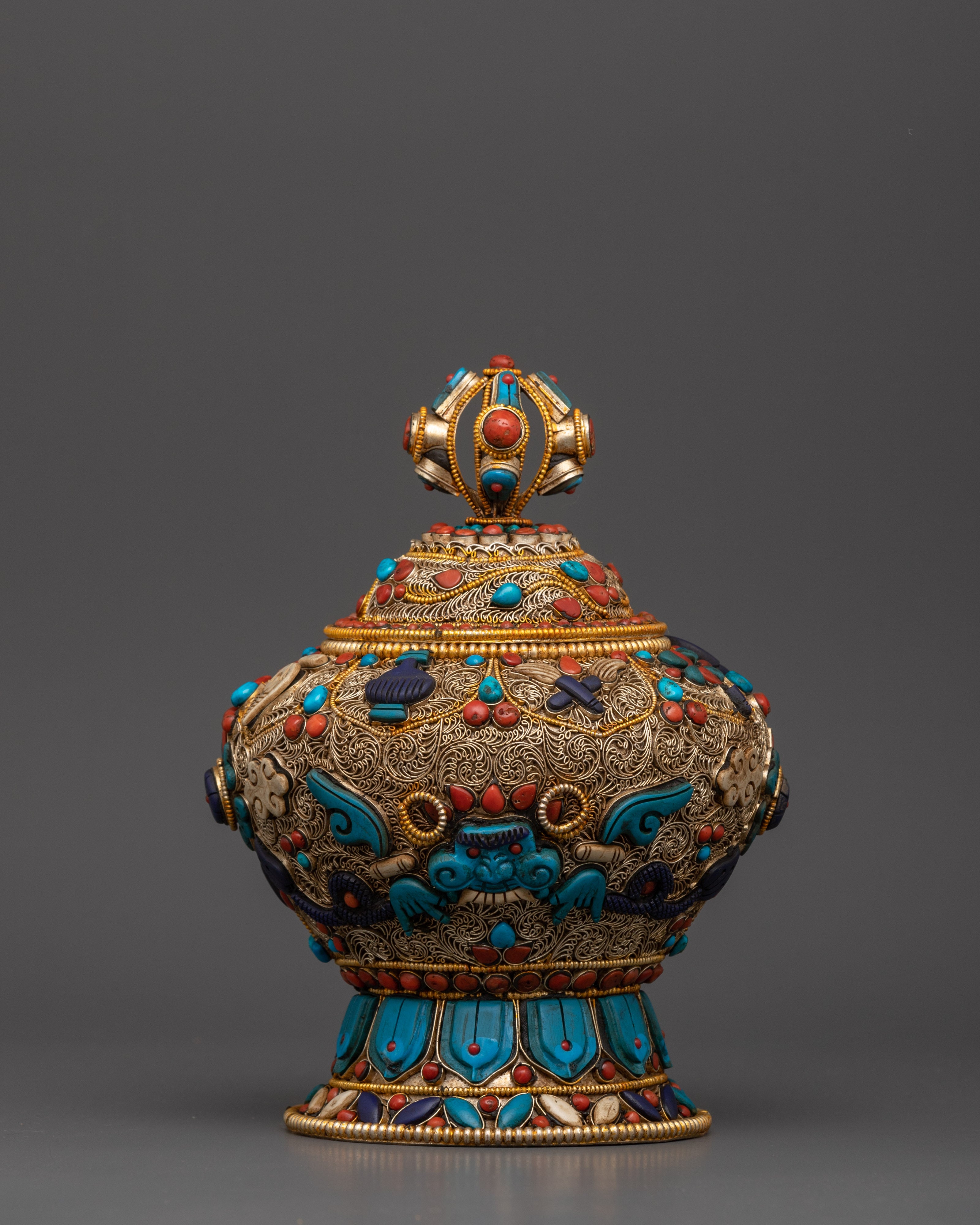 Beautiful Tibetan Rice Pot  with Stones Floral Motifs | Ideal for Altar, Decor, and Rituals